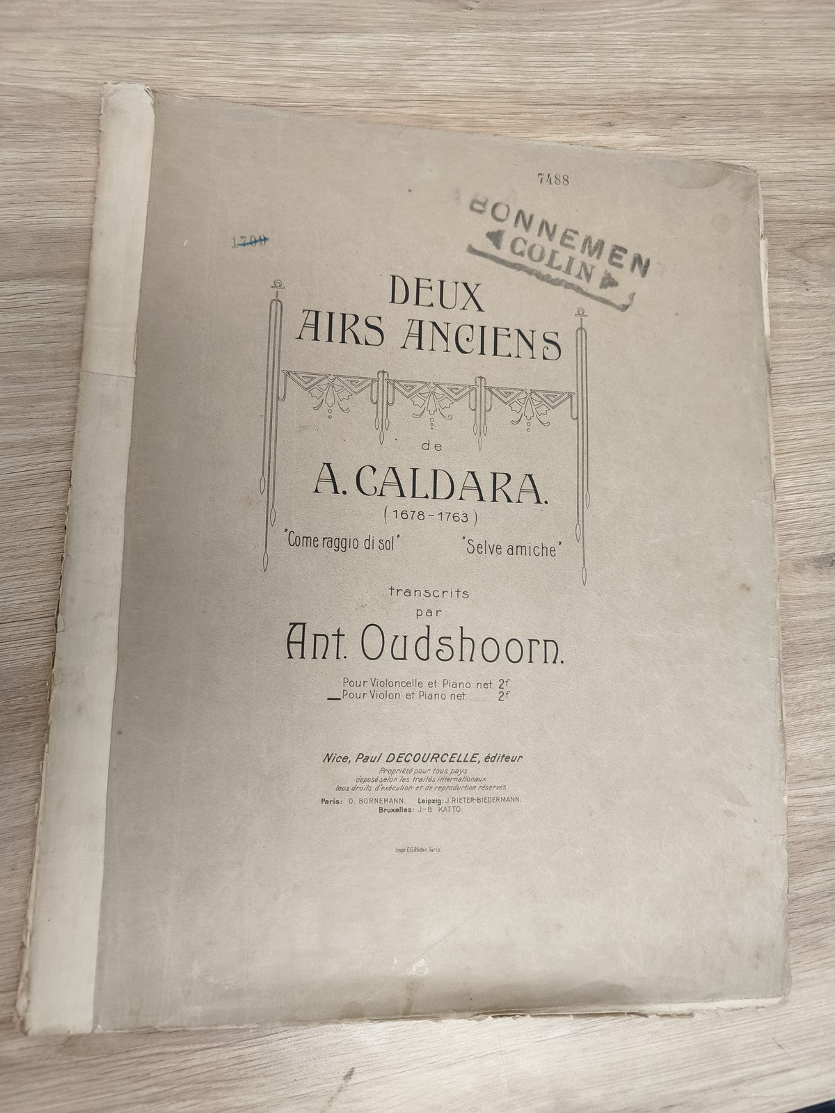 Ancien livre partitions violon piano Caldara Deux airs anciens Oudshoorn