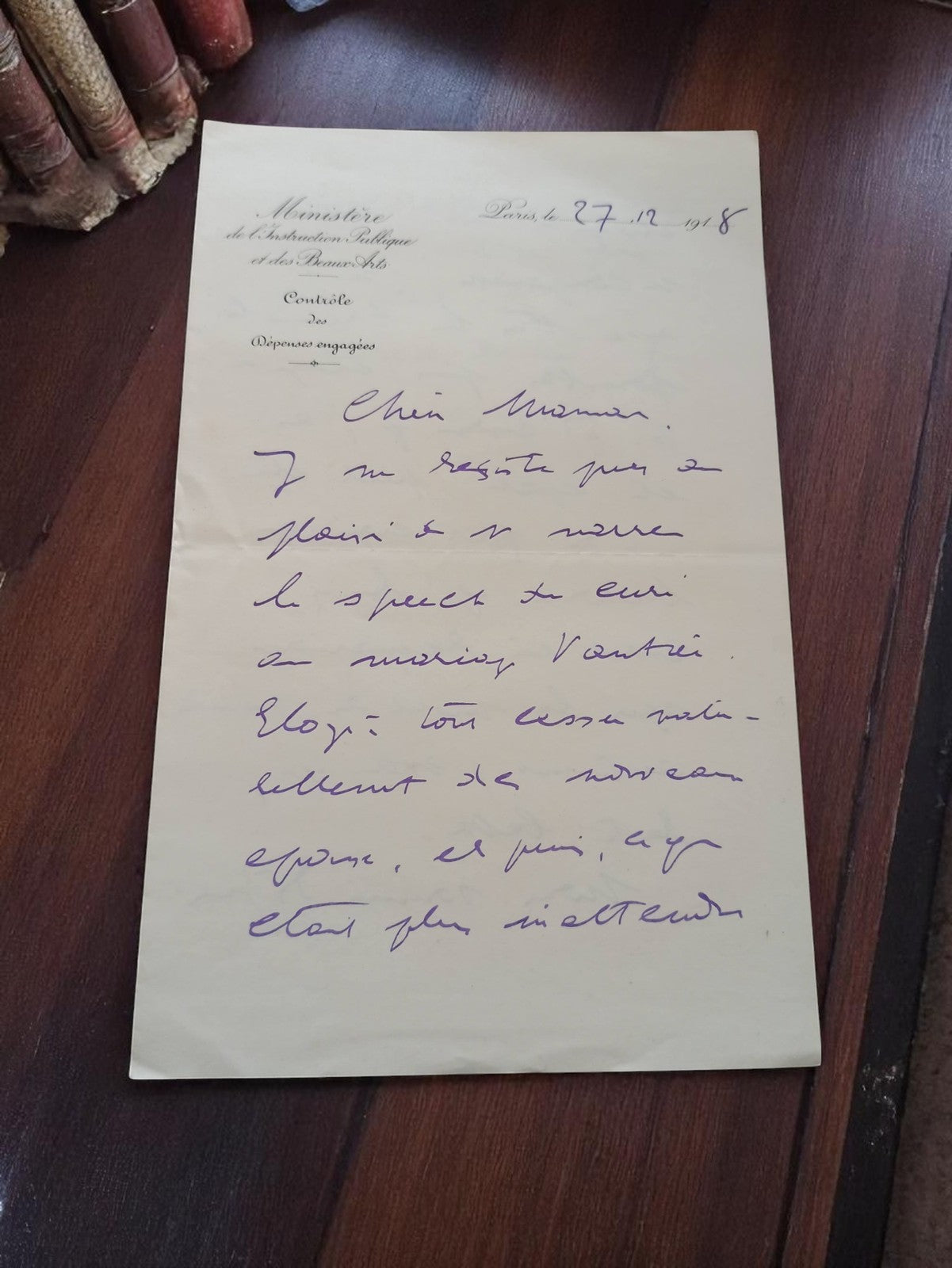 Lettre manuscrite vintage 1918 Ministère Instruction Publique Paris