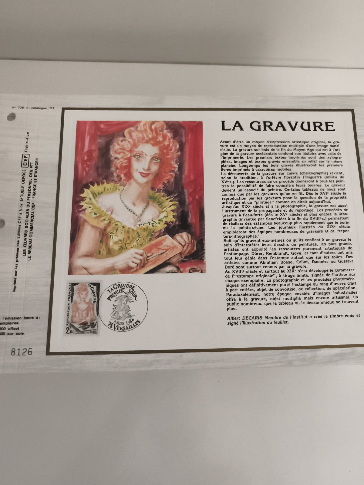 Feuillet philatélique CEF La Gravure Albert Decaris timbre 20F oblitéré