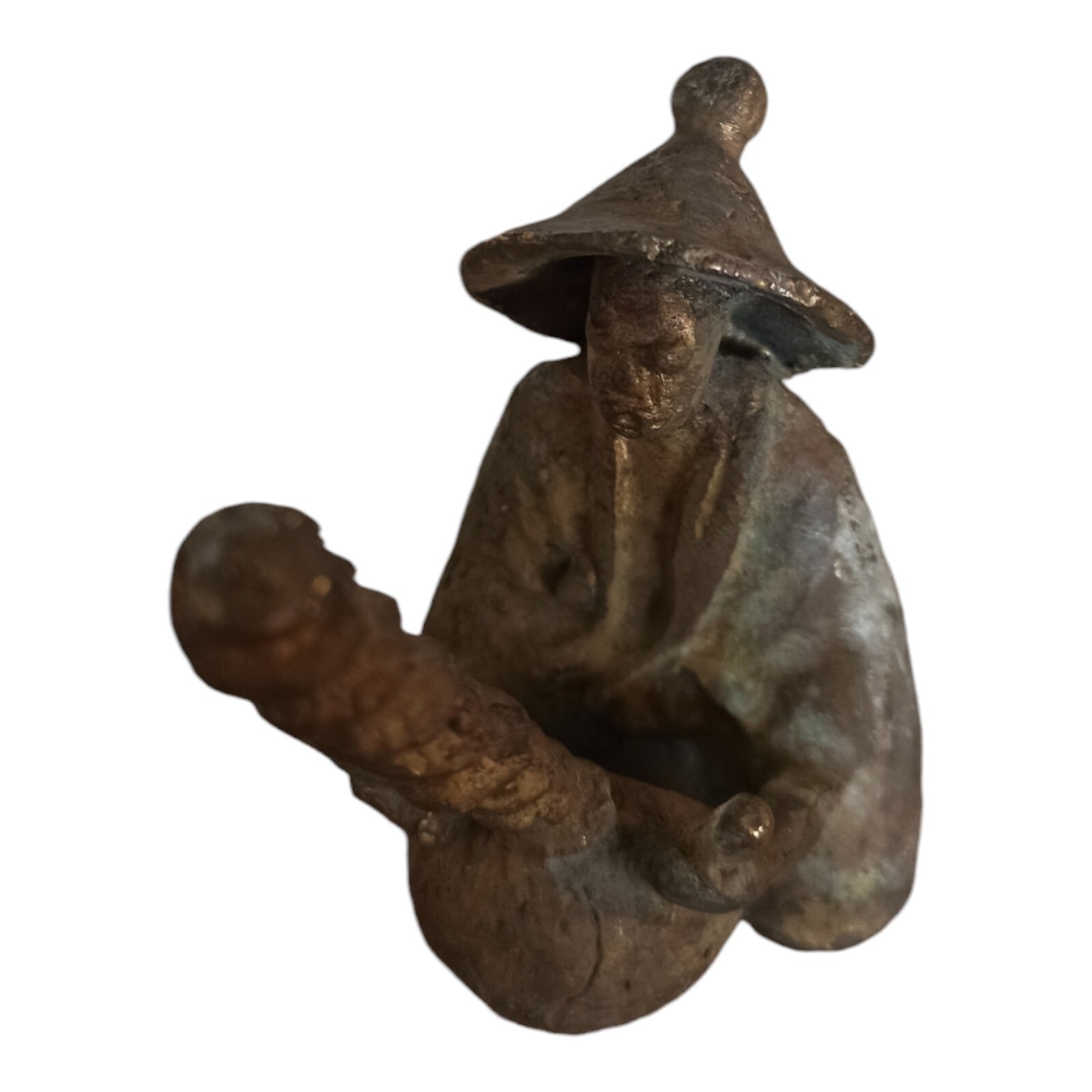 Statuette bronze musicien africain XXe, sculpture artisanale, chapeau conique