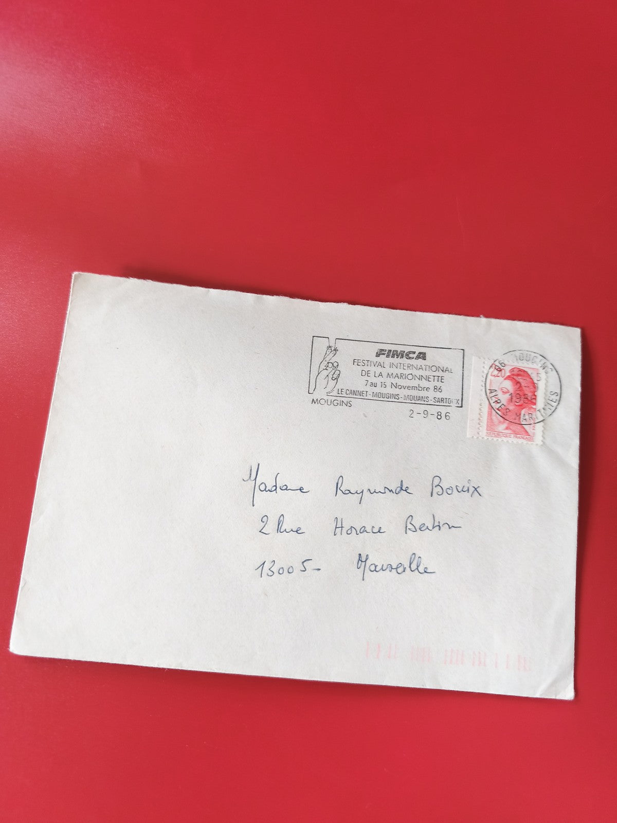 Enveloppe philatélie timbrée France, cachet Festival Marionnette, écriture manus