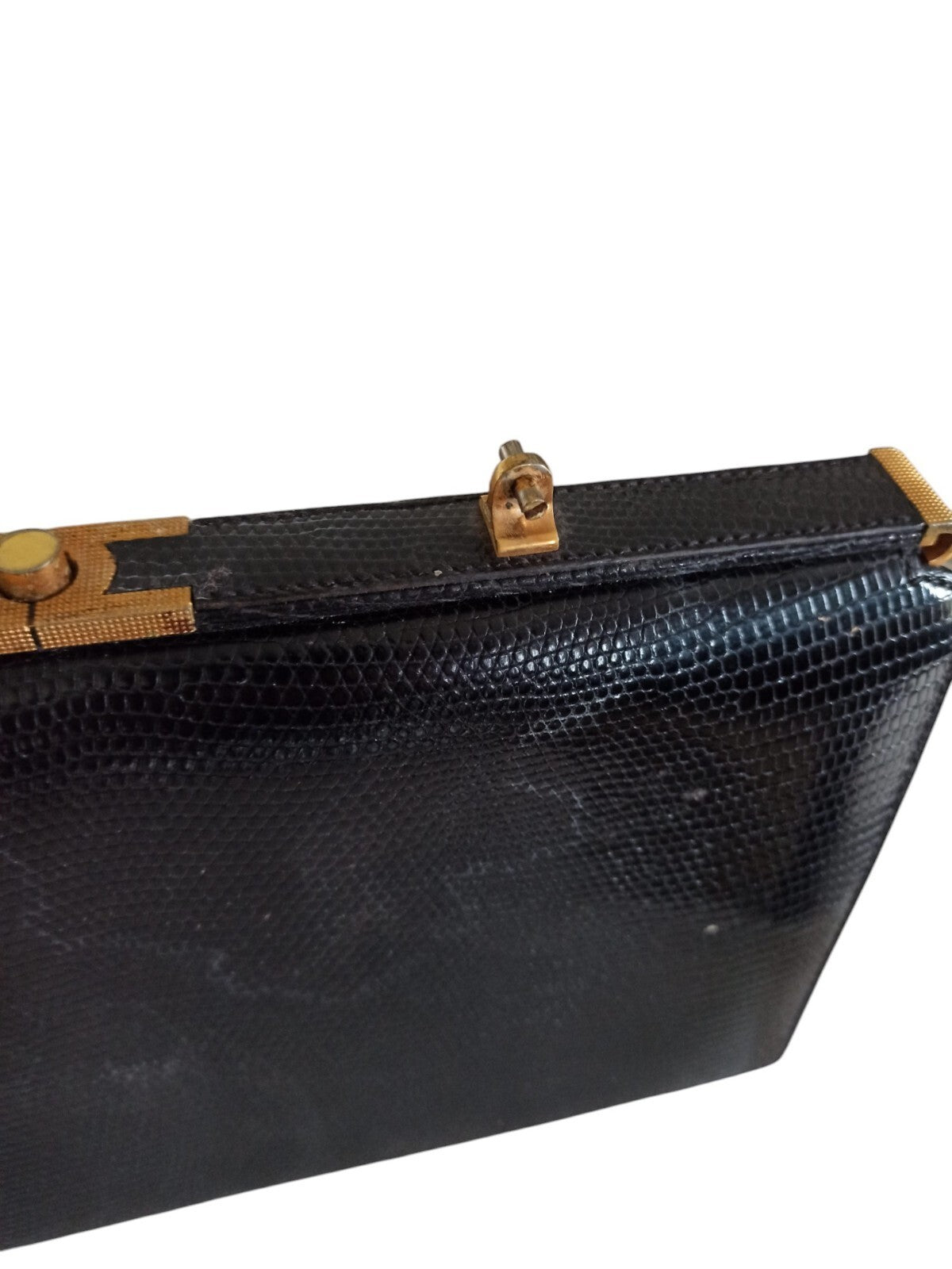 Sac à main vintage cuir lézard noir, cadre métal doré, ancien doctor bag