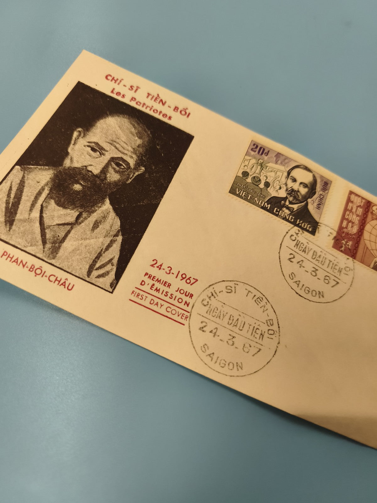 Ancienne enveloppe FDC Vietnam 1967 patriotes Phan Boi Chau timbres Saigon
