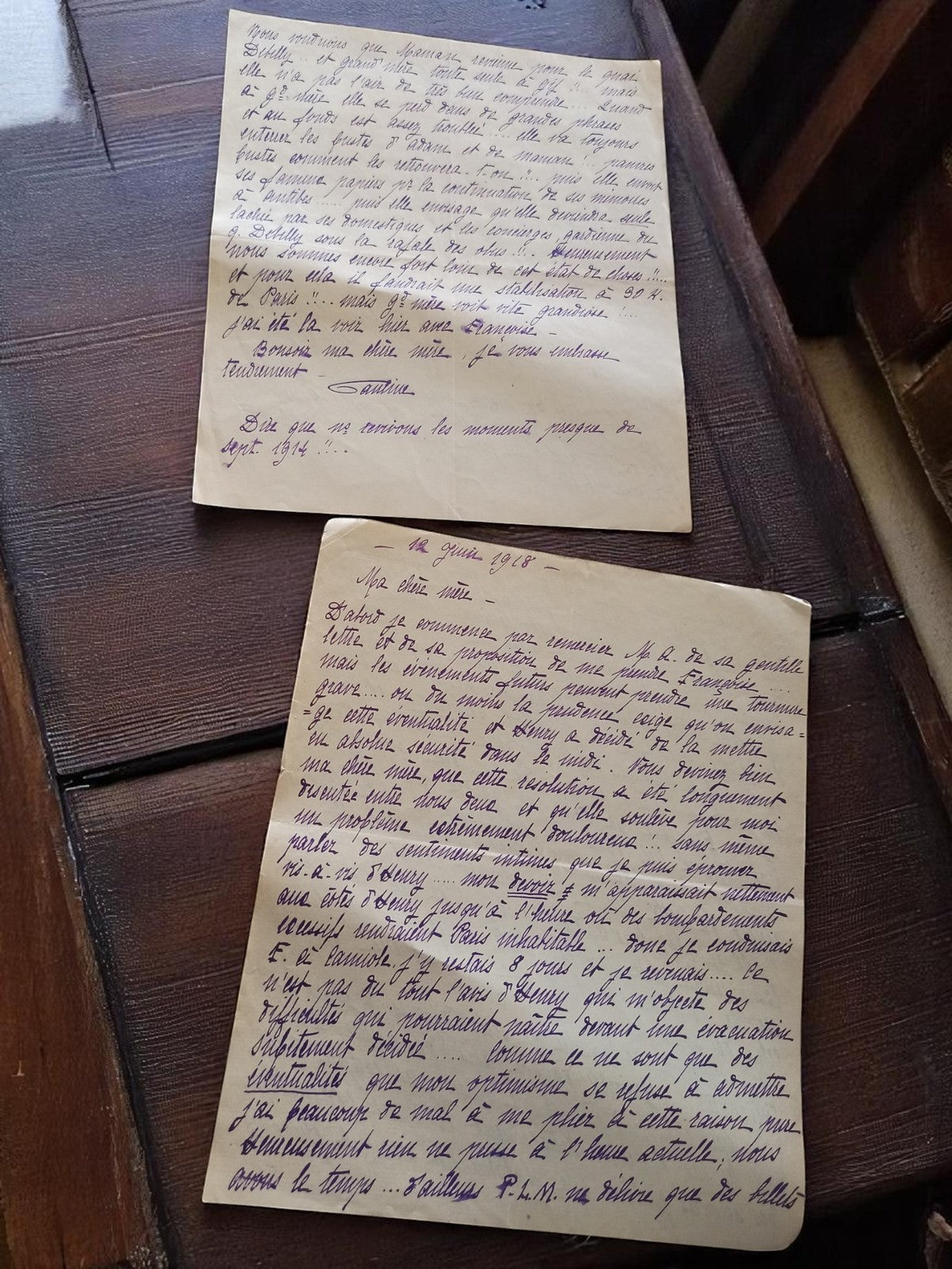Lettre manuscrite 1918 correspondance intime Guerre ? écriture violette, papier