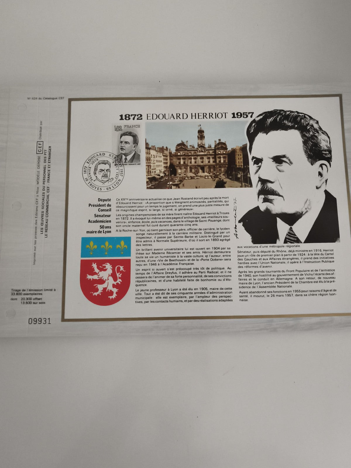 Feuillet CEF Édouard Herriot 1872-1957 philatélie Lyon oblitéré blason