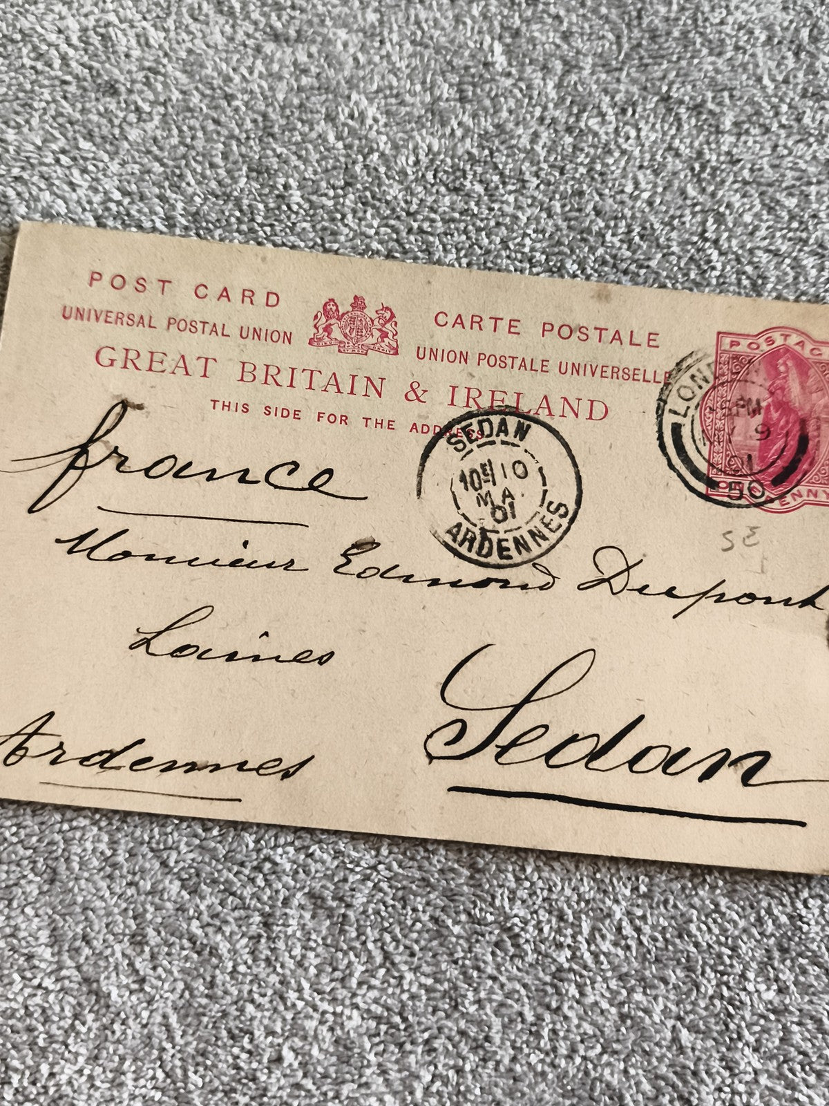 Carte postale GB & Ireland timbre 1901 affranchie Sedan philatélie Royaume-Uni