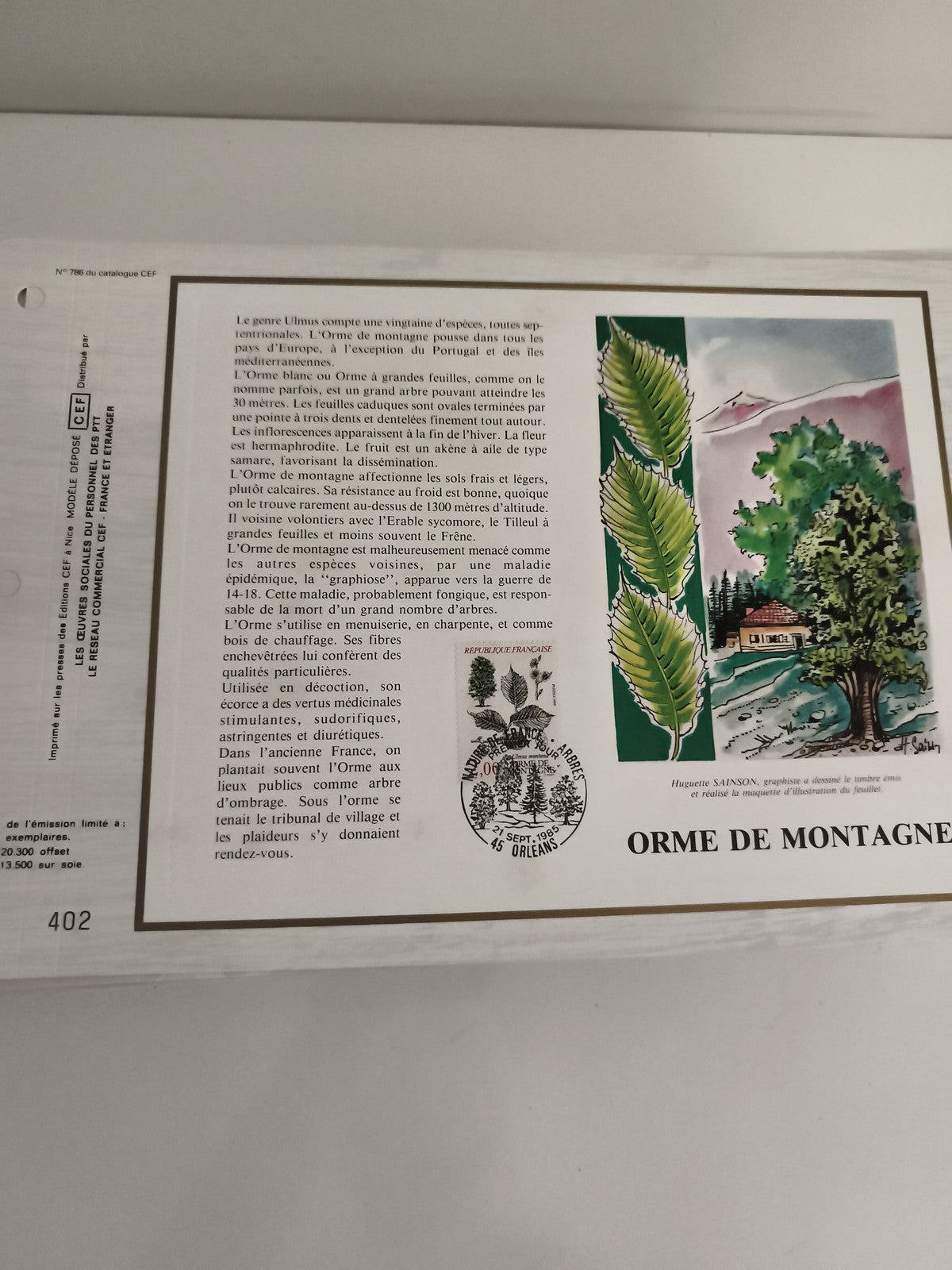 Feuillet philatélique CEF Orme de montagne illustration arbre timbre