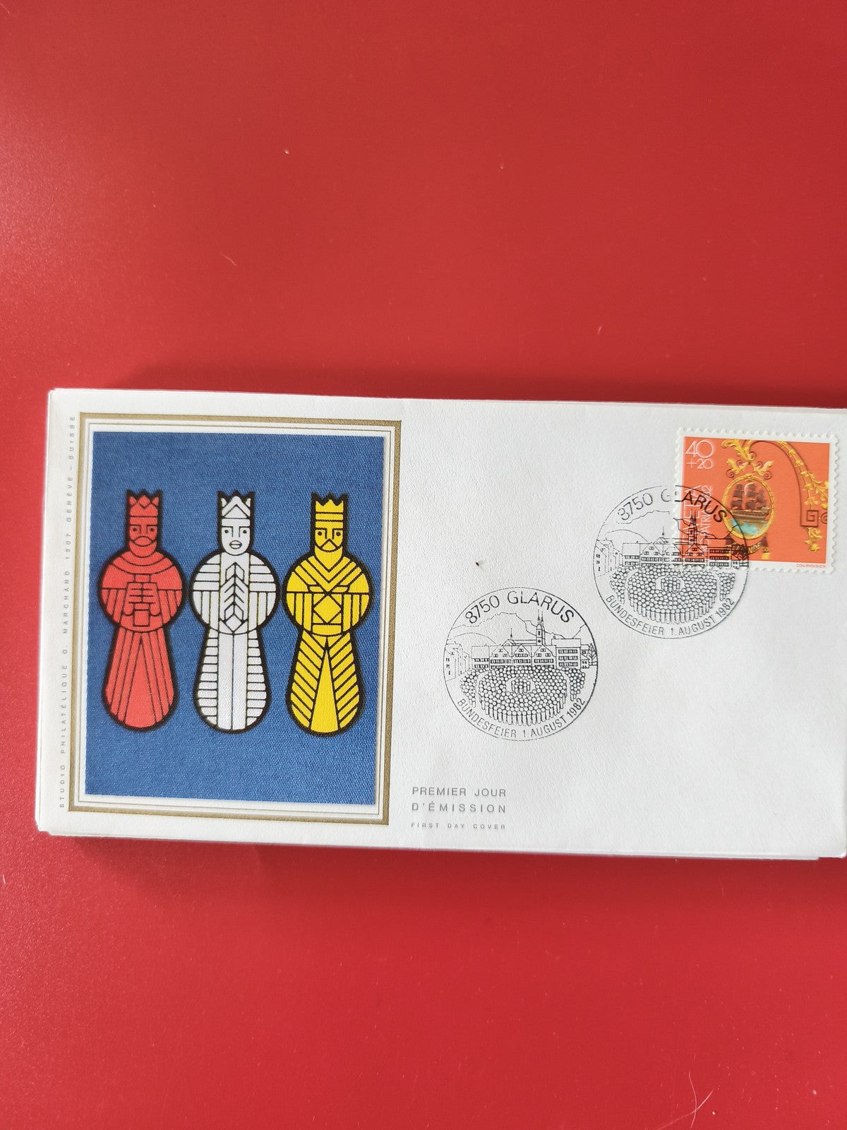 Enveloppe philatélie premier jour Glarus Suisse timbre 40c motif rois colorés