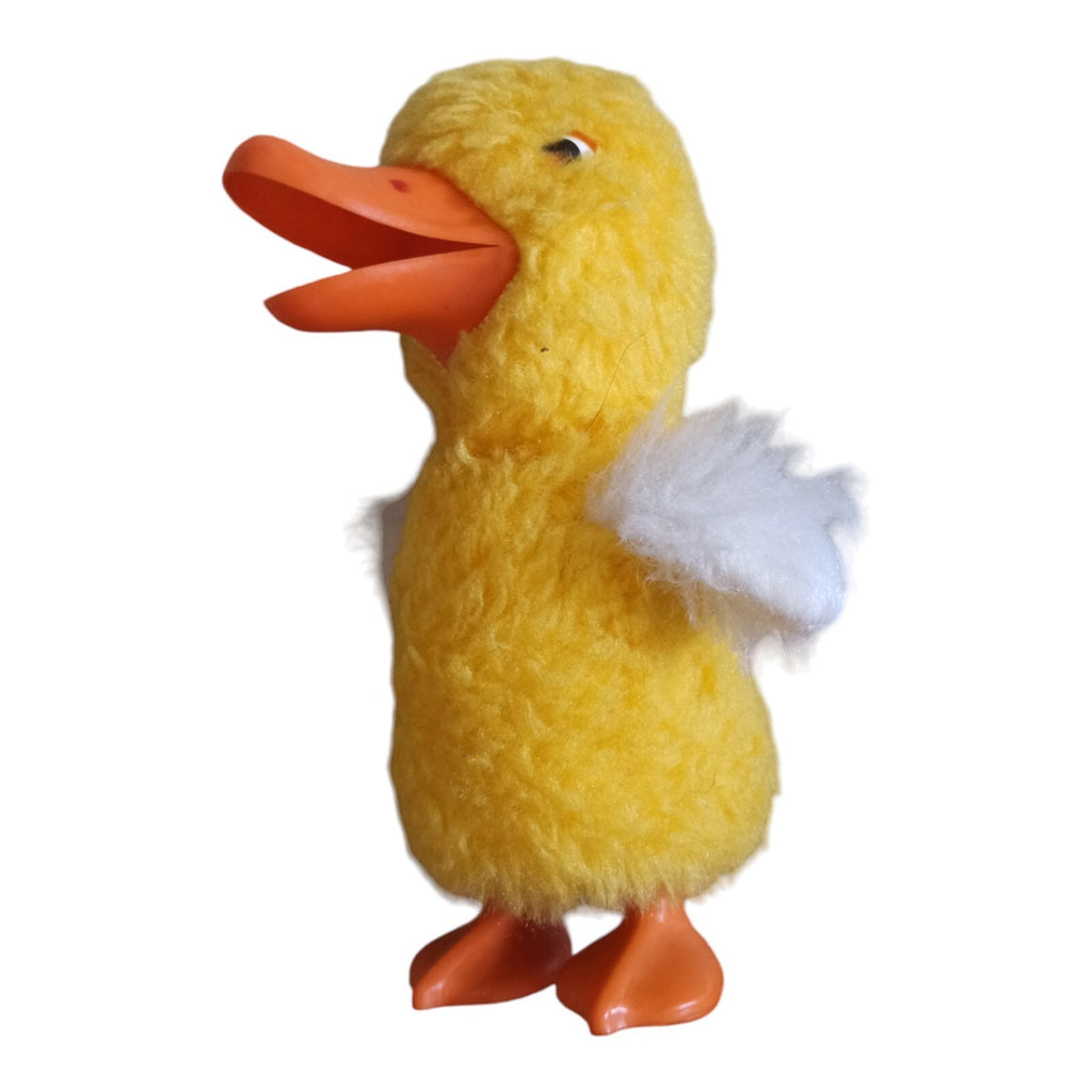 Jouet mécanique canard Max Carl 1979 vintage à clé jaune peluche ailes blanches