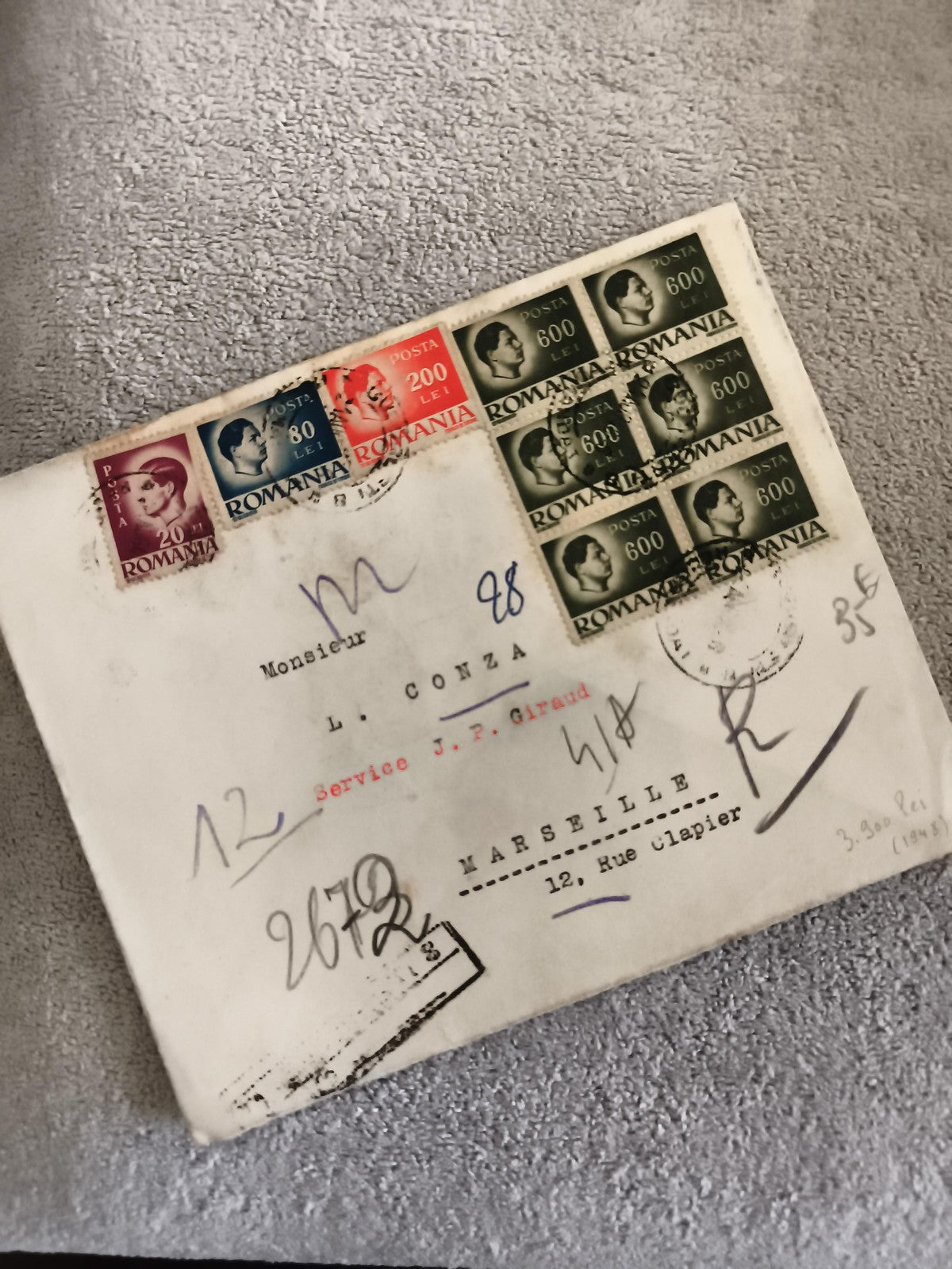 Lettre affranchie Roumanie timbres 20-600 Lei, oblitérée, Marseille philatélie