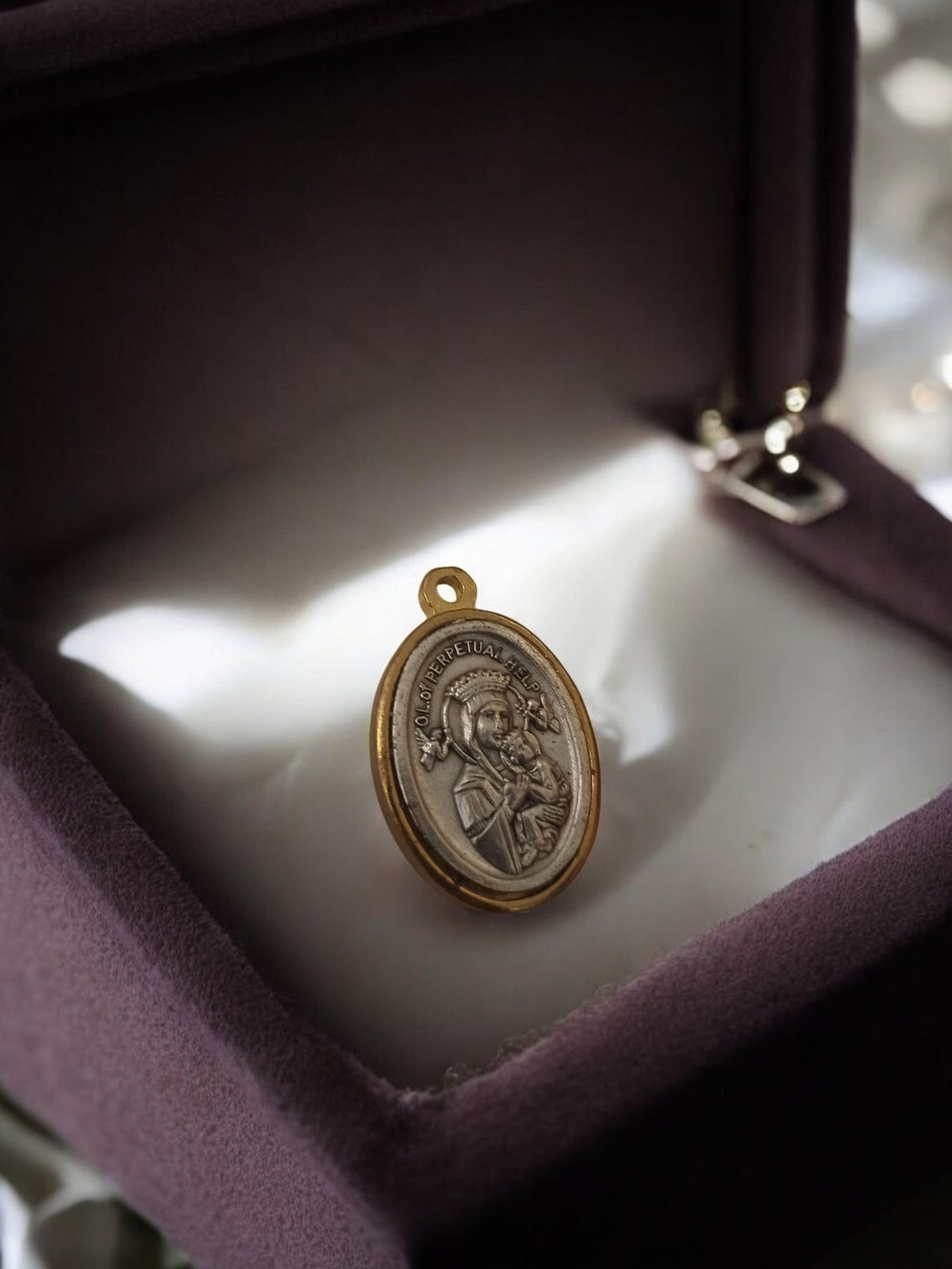 Vintage antique religious Virgin and Child pendant, two-tone retro finish