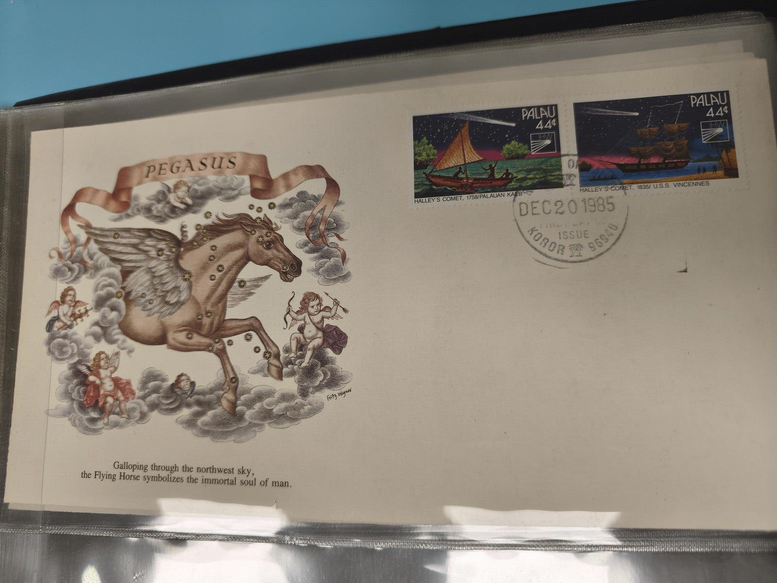 Enveloppe premier jour FDC Pegasus Palau 1985 timbres Halley's Comet décorée