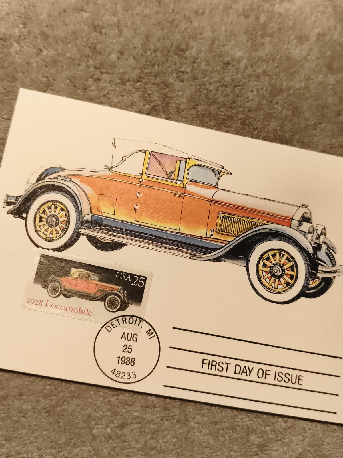 Carte premier jour 1988 USA Locomobile 1928 timbre 25c Detroit Philatélie auto