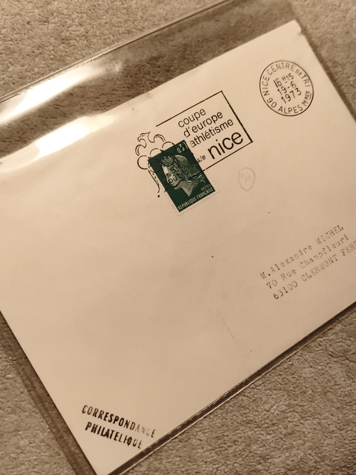 Lettre philatélique Coupe d’Europe Athlétisme Nice 1973 oblitération timbre Fran
