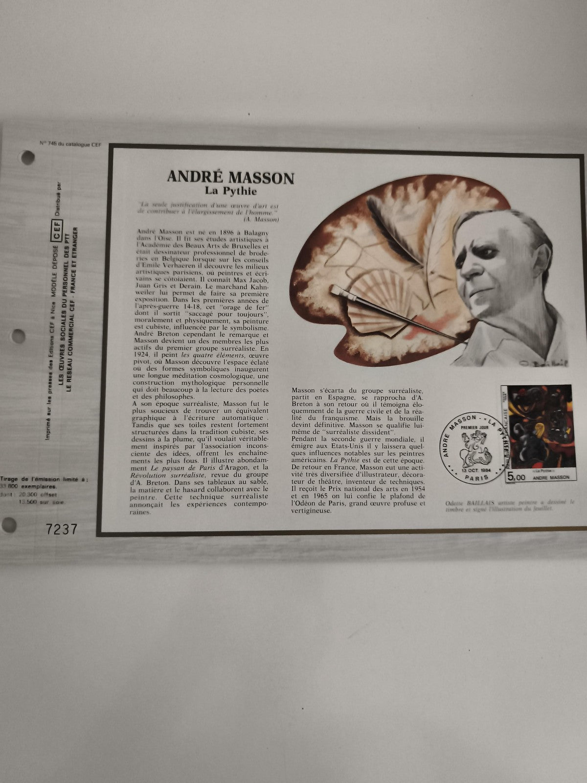 Feuillet philatélique CEF André Masson La Pythie oblitéré timbre France