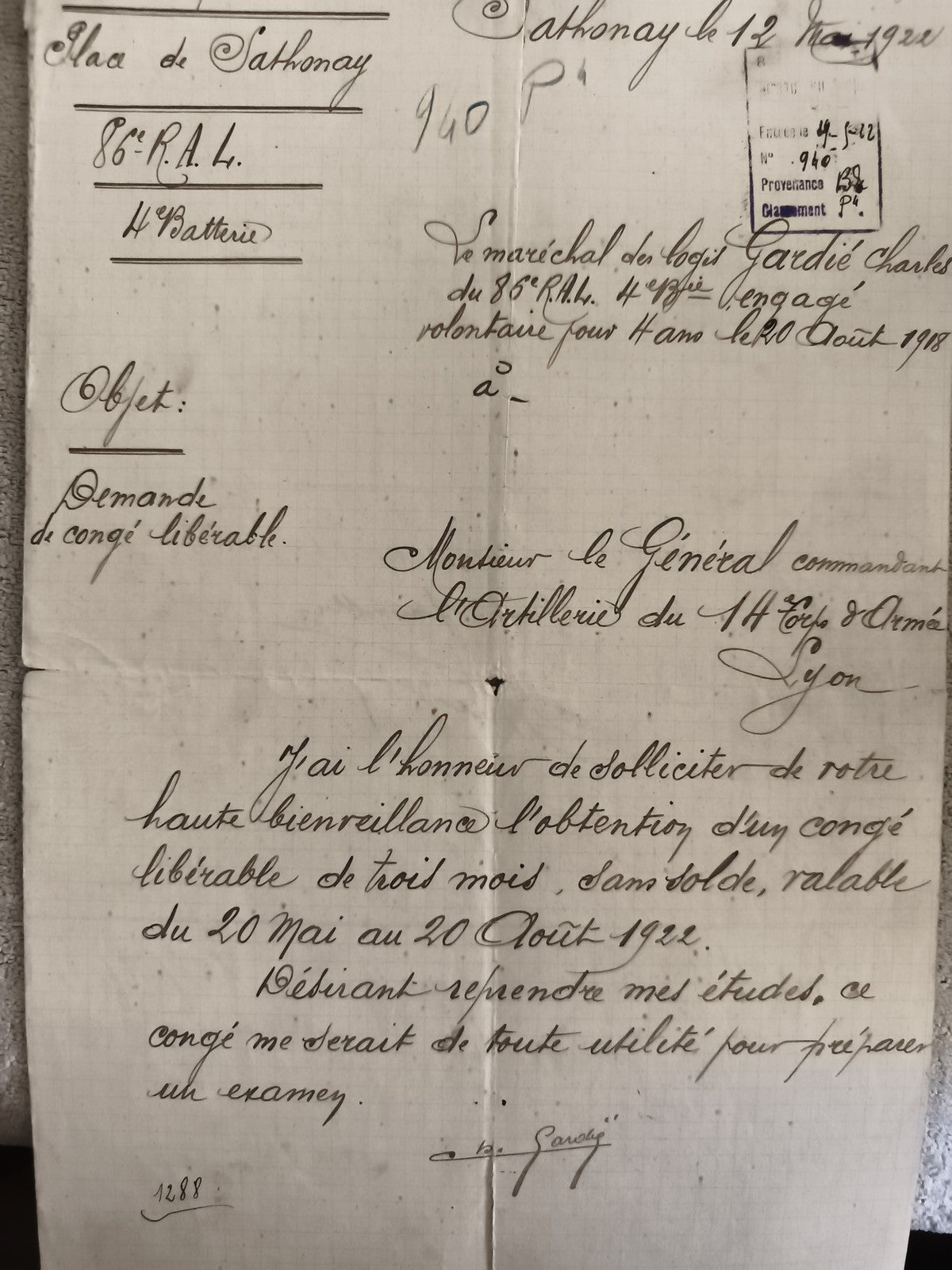 Document ancien militaire 1922 86e R.A.L. Sathonay manuscrit armée Lyon