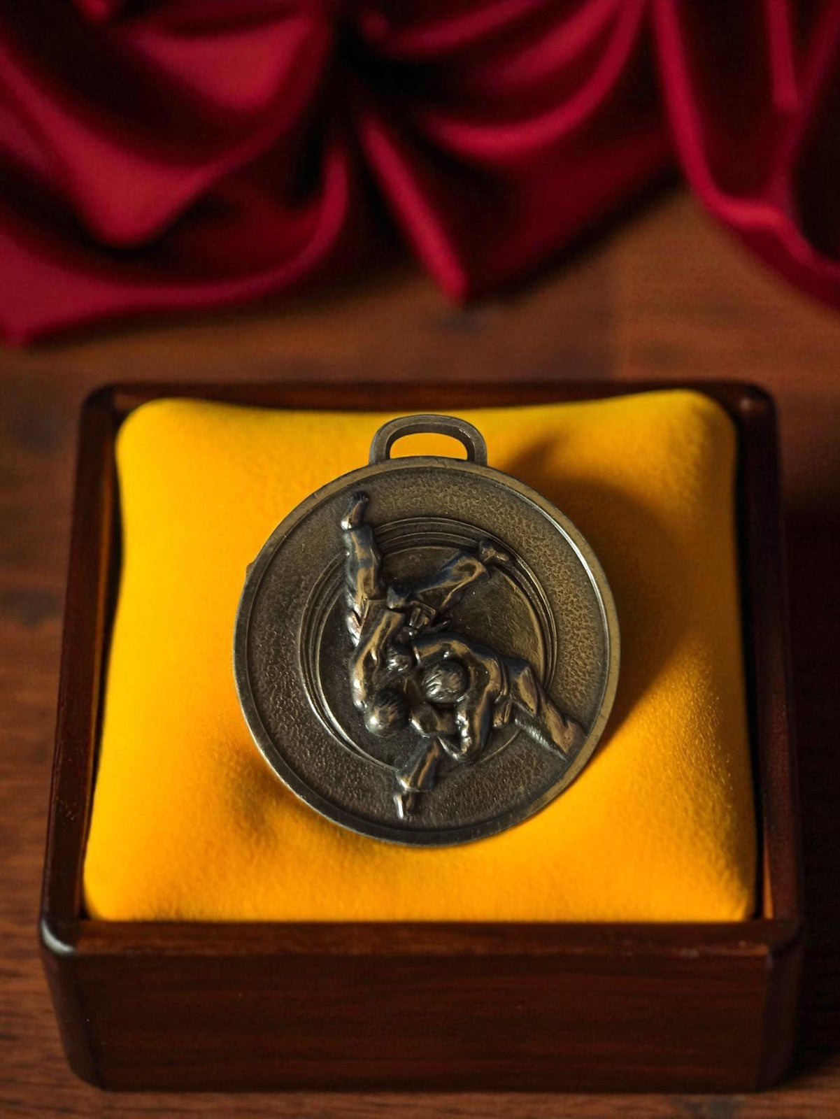 Vintage bronze judo medal, wrestlers in relief, ancient sport, decoration