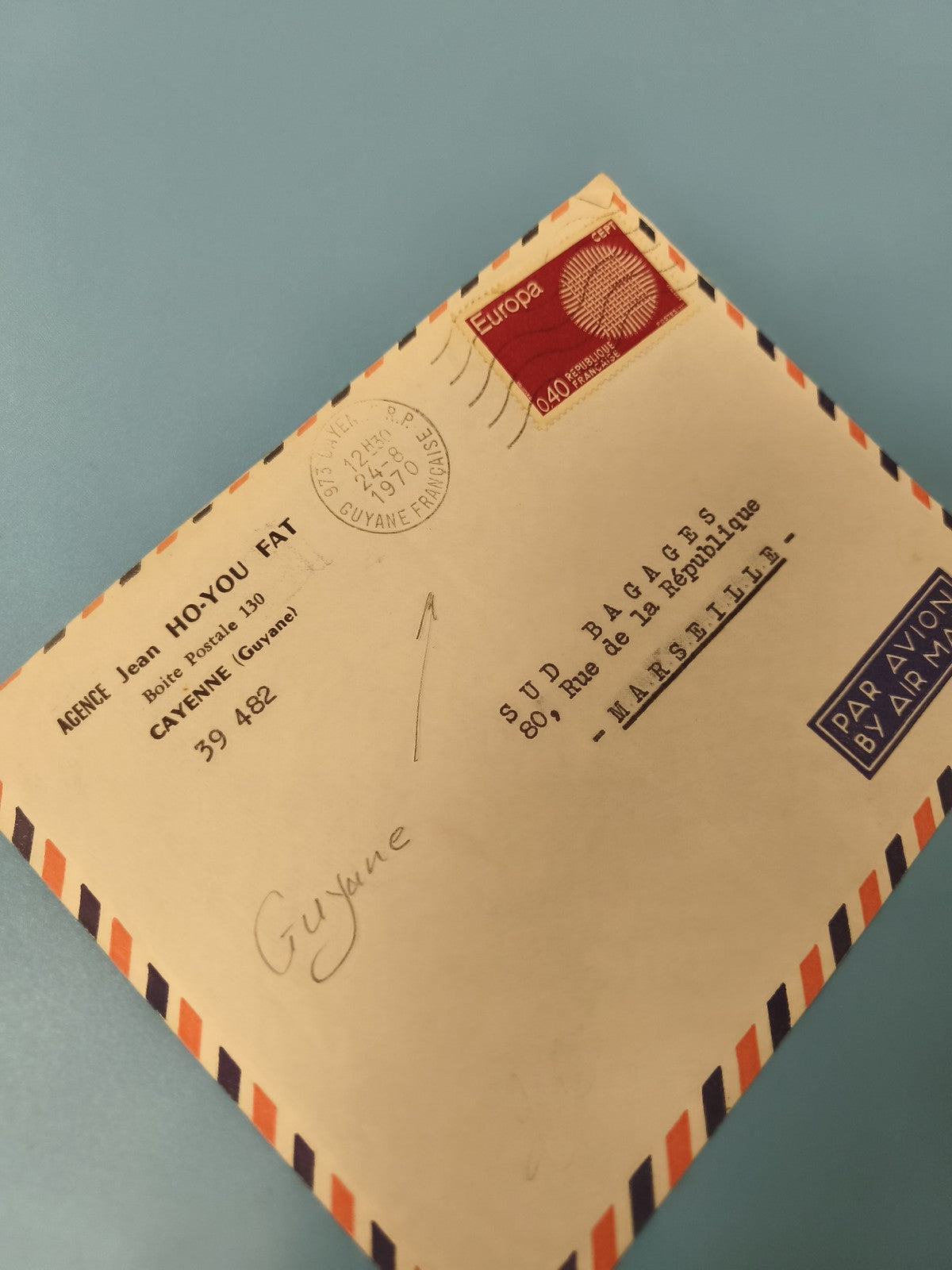 Ancienne enveloppe philatélie Guyane 1970 timbre Europa vintage aviation