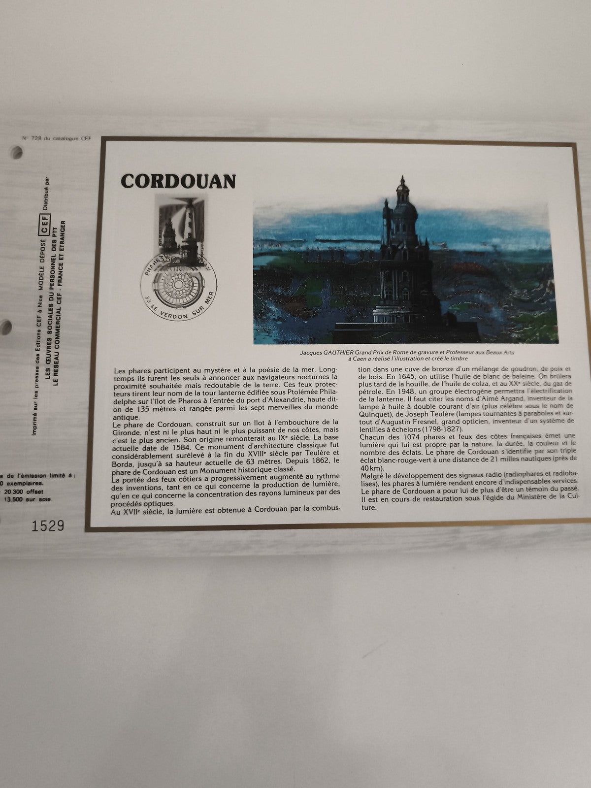 Feuillet philatélique CEF Cordouan timbre oblitéré phare France