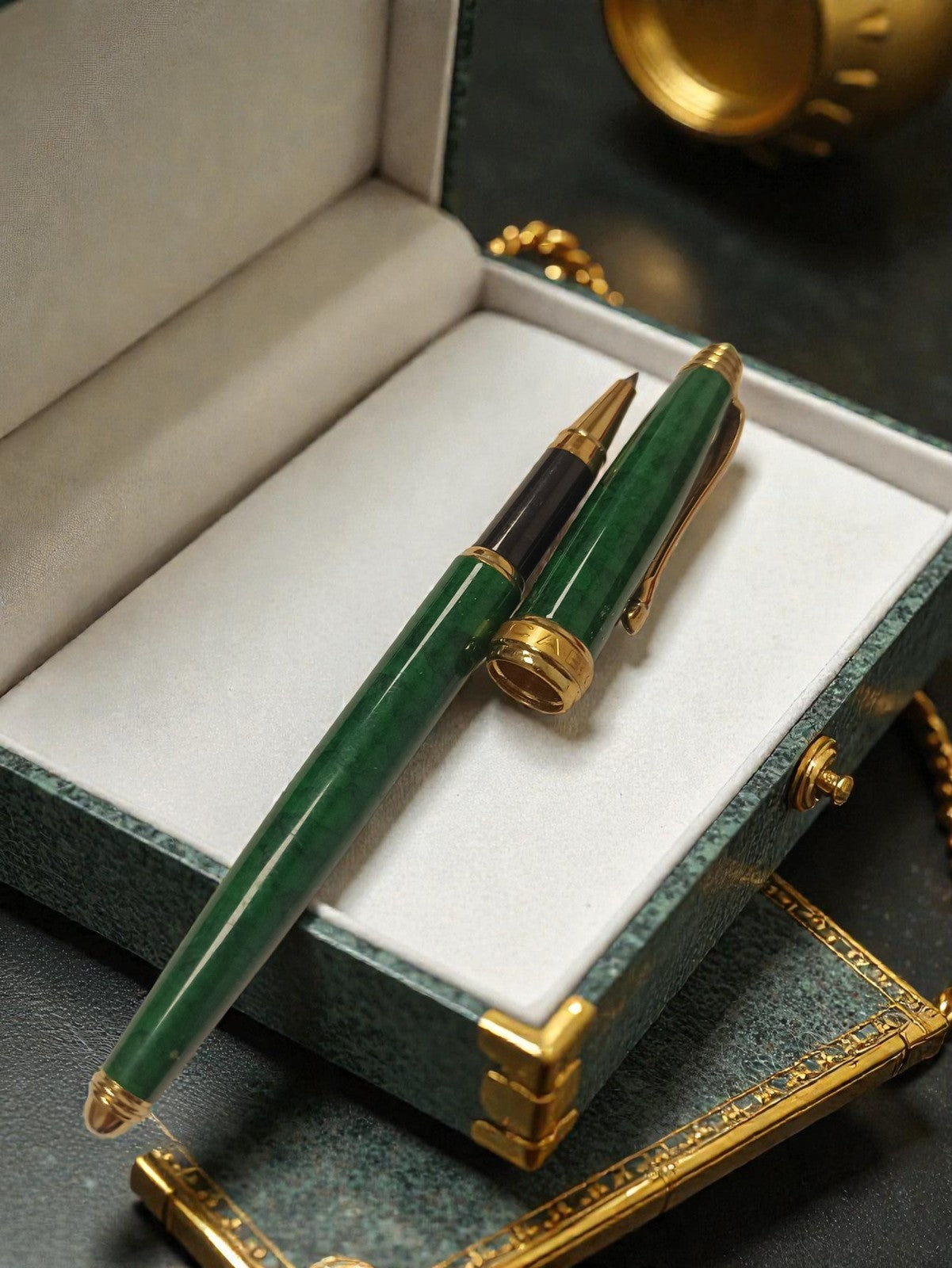 Stylo bille ancien vert doré Cabouchon vintage, écriture rétro français