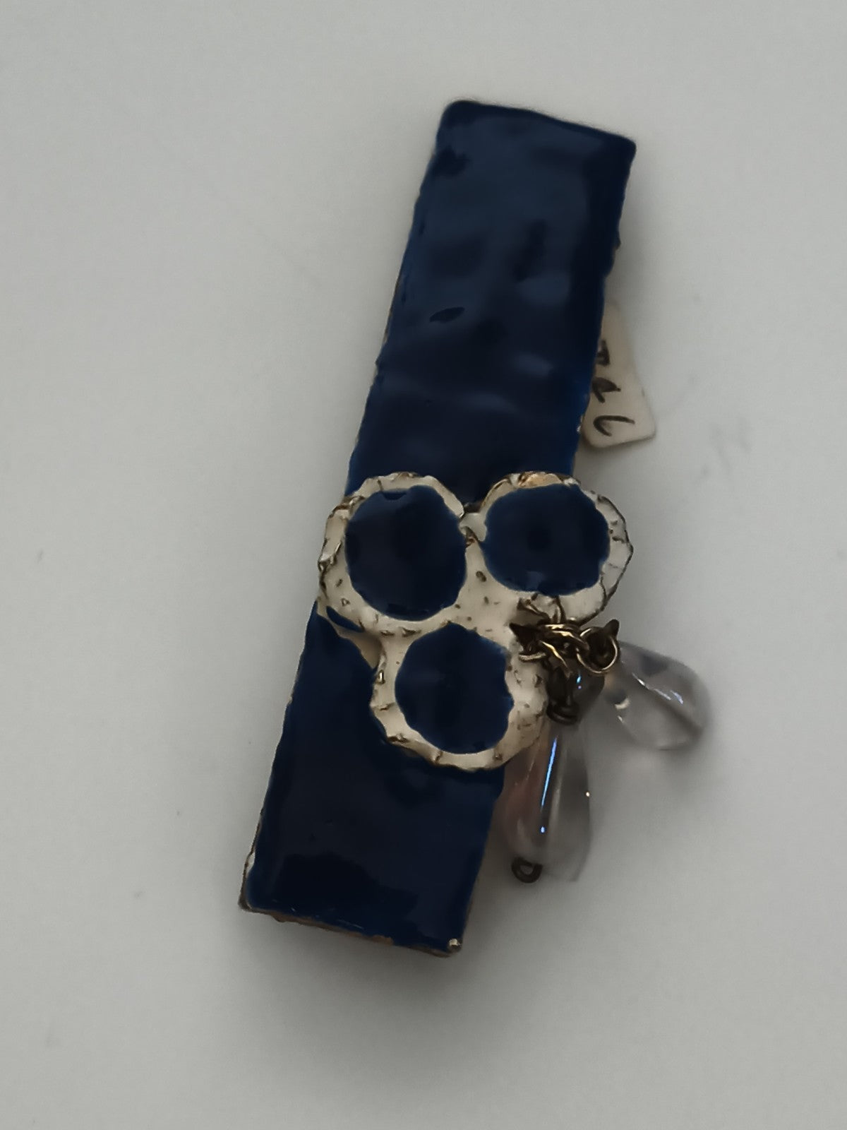 Broche vintage bijou rectangulaire bleu, motif cercle, pampilles goutte