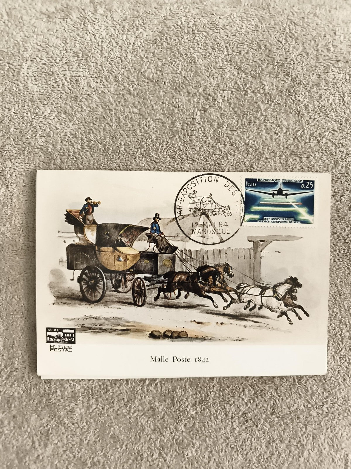 Carte postale philatélie Malle Poste 1842 oblitérée Manosque 1964