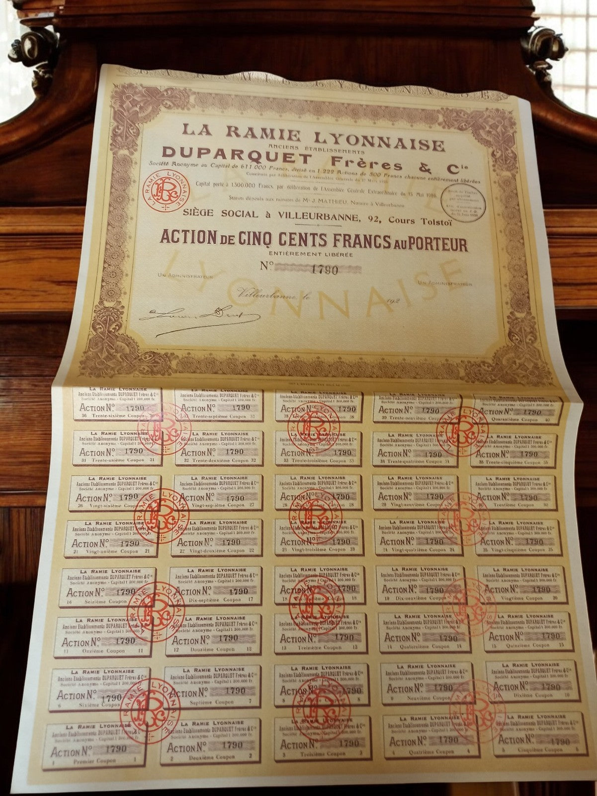 Action au porteur La Ramie Lyonnaise années 1920 authentique vintage