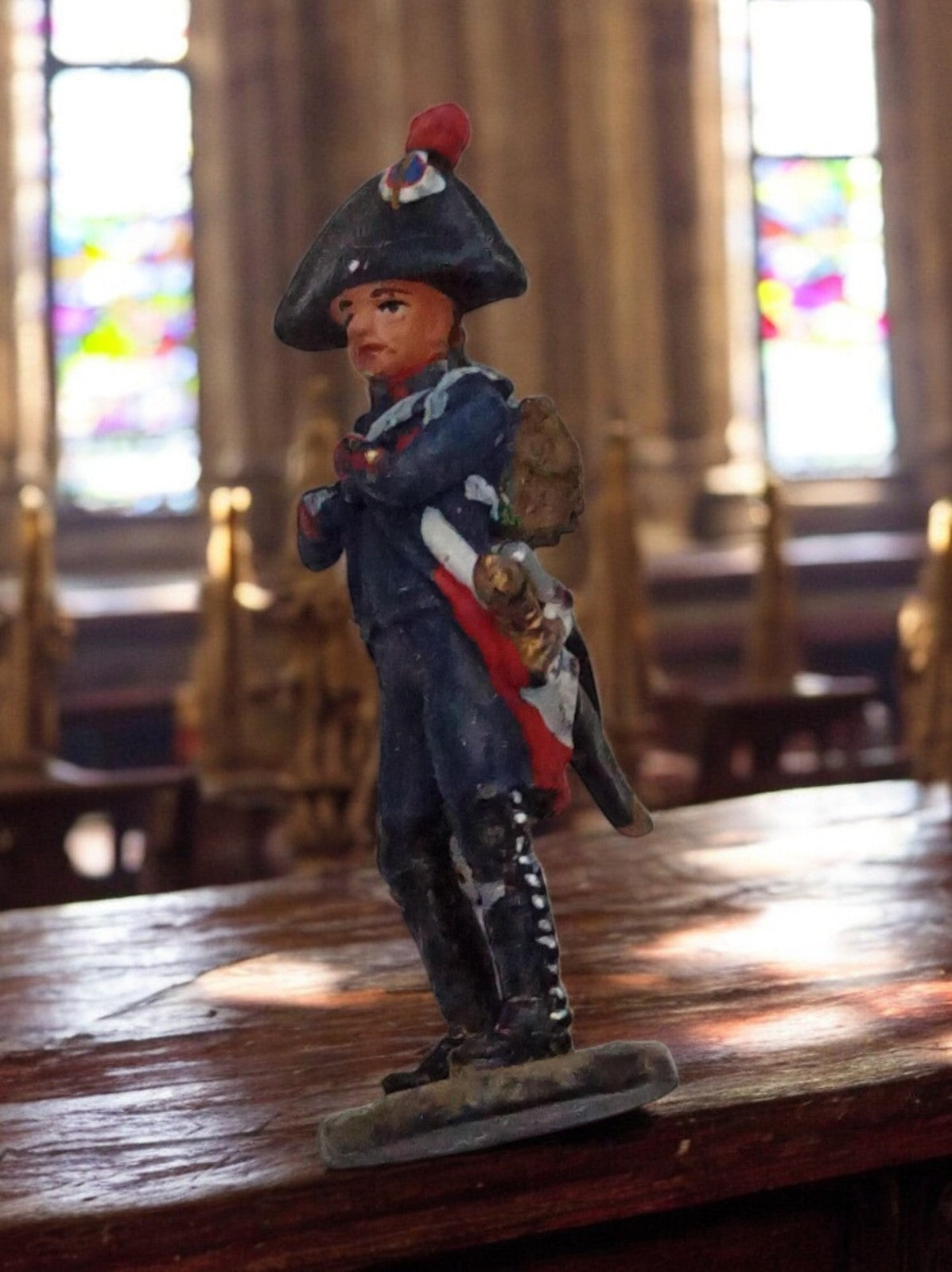 Figurine plomb soldat napoléonien ancien, uniforme bleu, miniature vintage