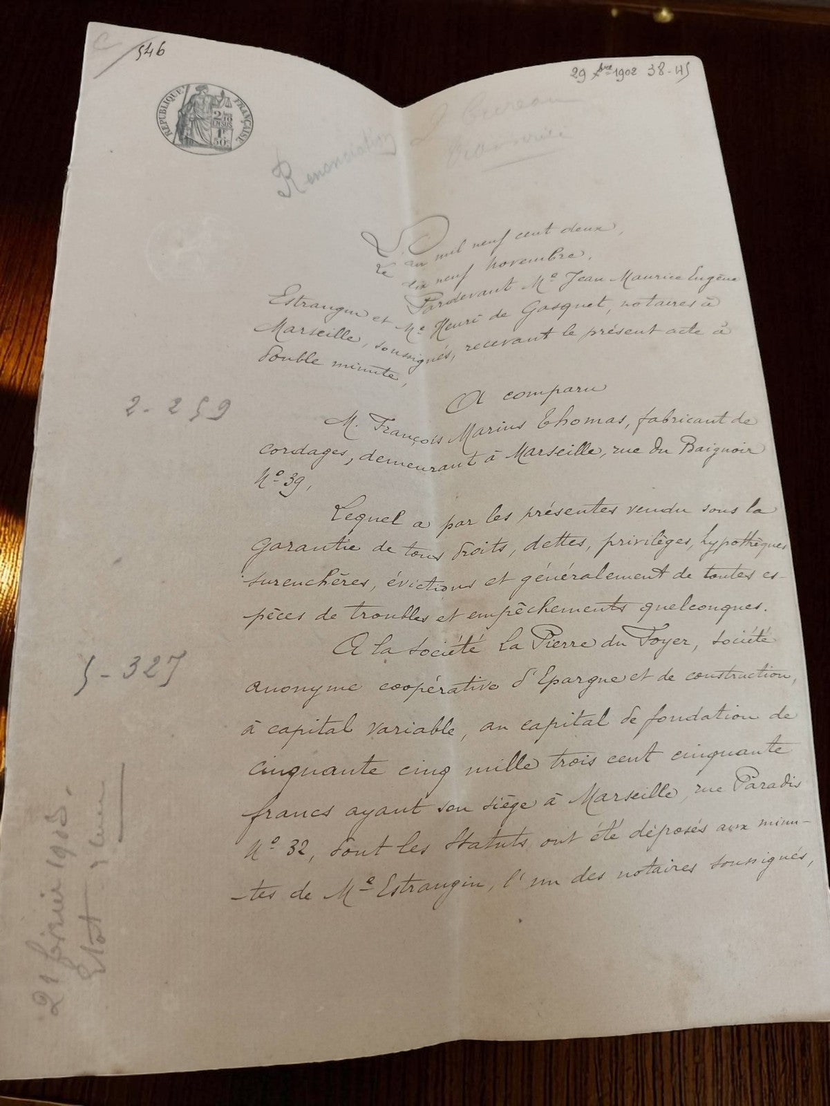 Document notarié manuscrit ancien 1902 Marseille, cachet officiel vintage