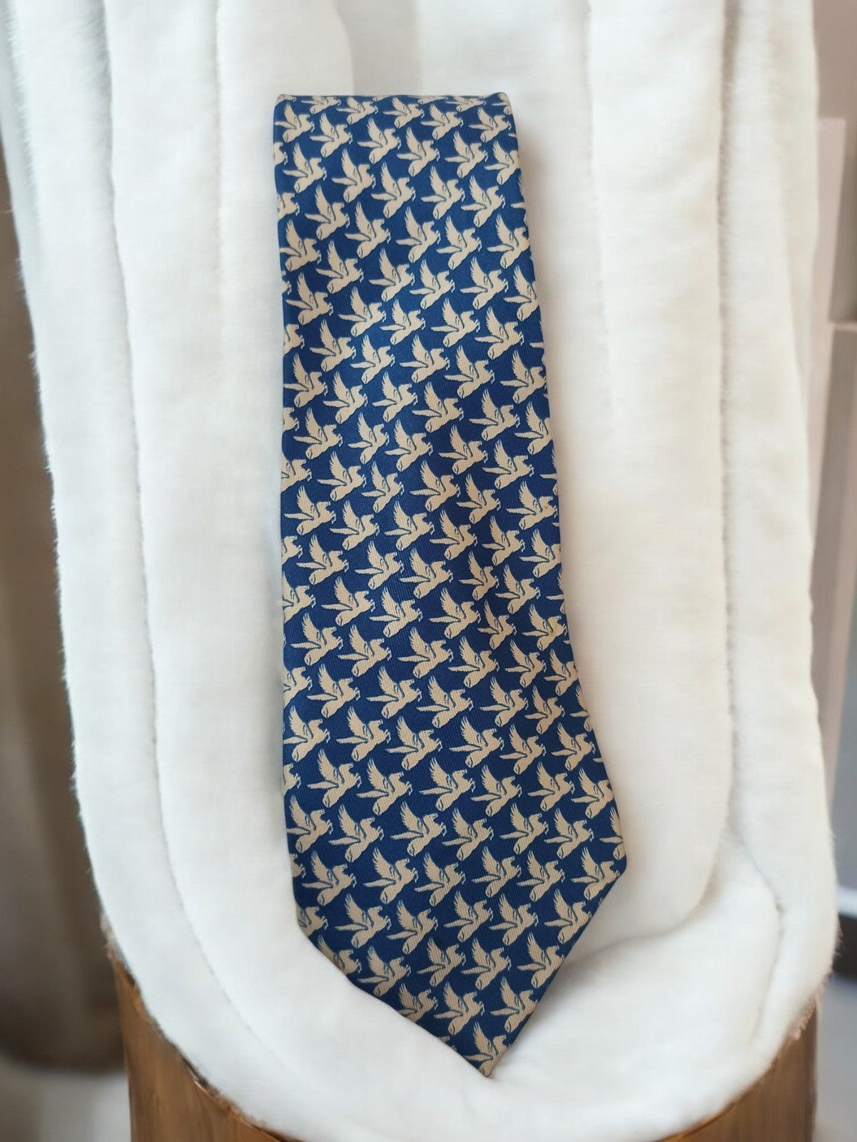 Cravate ancienne Jet Services soie bleu motif oiseaux vintage rétro accessoire
