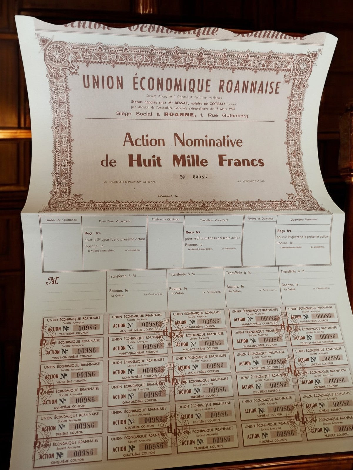 Action nominative ancienne Union Économique Roannaise 8000 francs années 1920