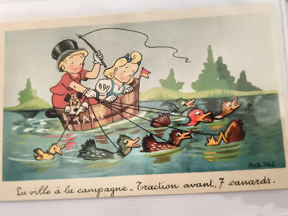 Carte postale ancienne illustrée Rob-Vel humour canards, traction avant, vintage