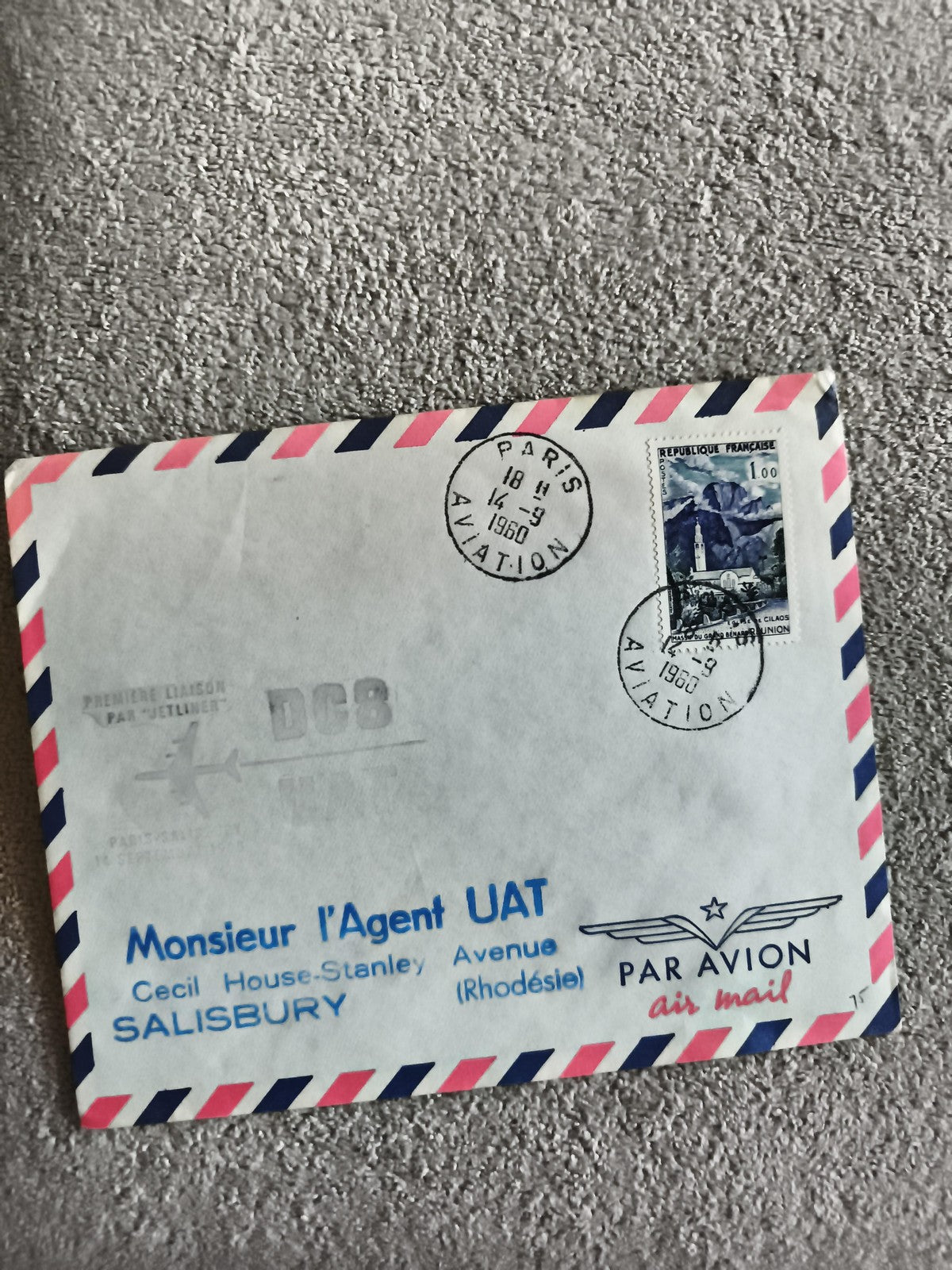 Lettre premier vol DC8 UAT 1960 Paris Aviation affranchie Rhodésie philatélie