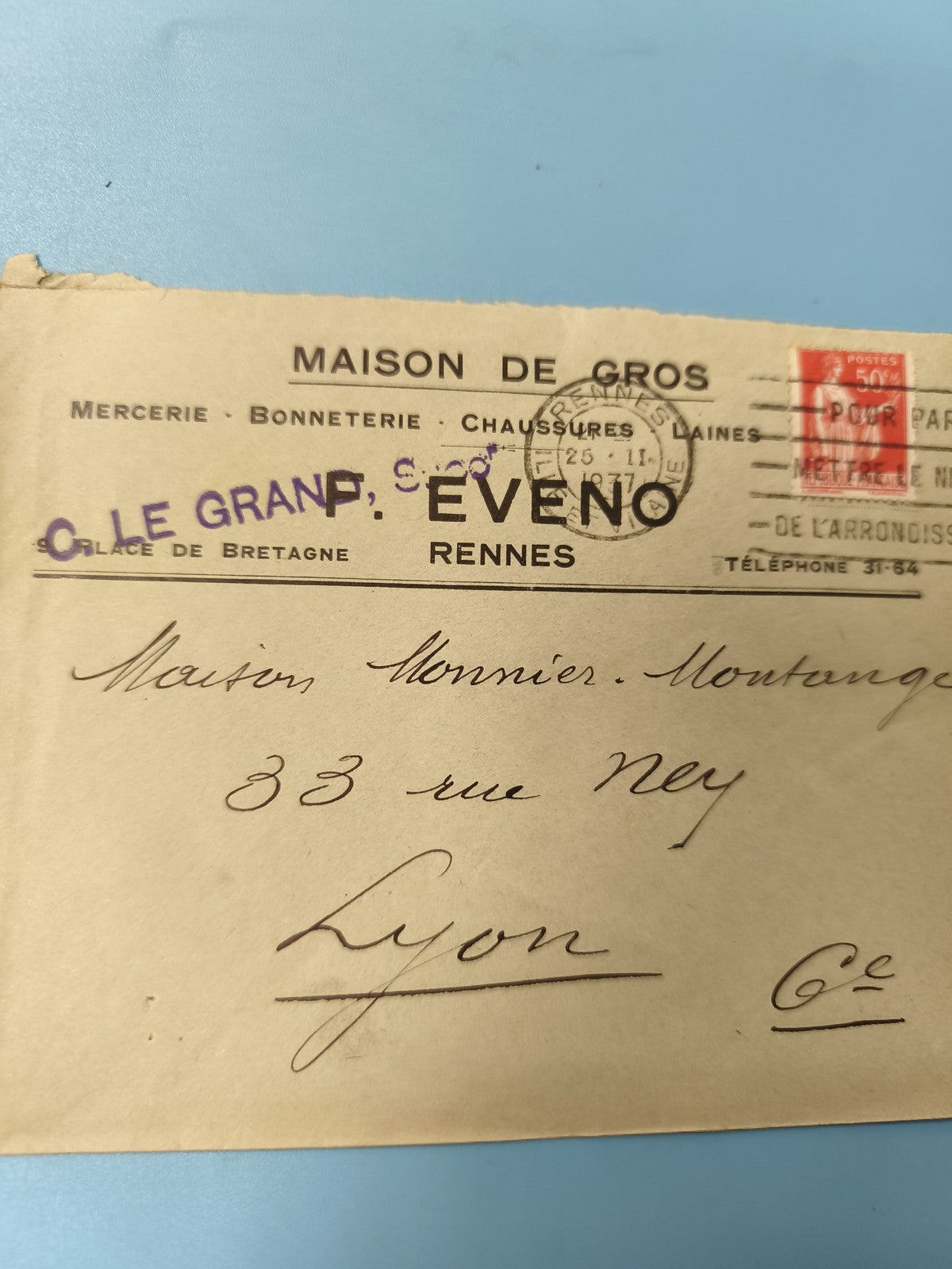 Ancienne enveloppe oblitérée début XXe Rennes Lyon philatélie vintage
