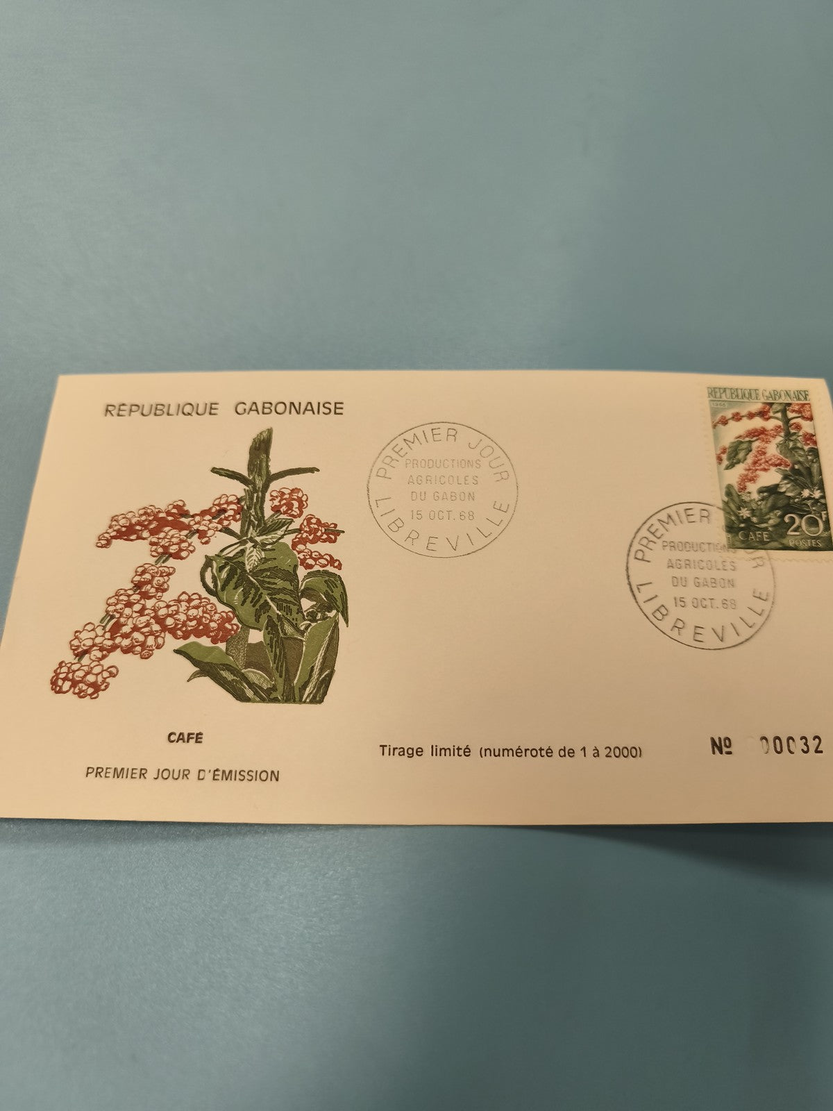 Enveloppe FDC Gabon Café 1968 Timbre 20f Premier Jour Libreville numérotée