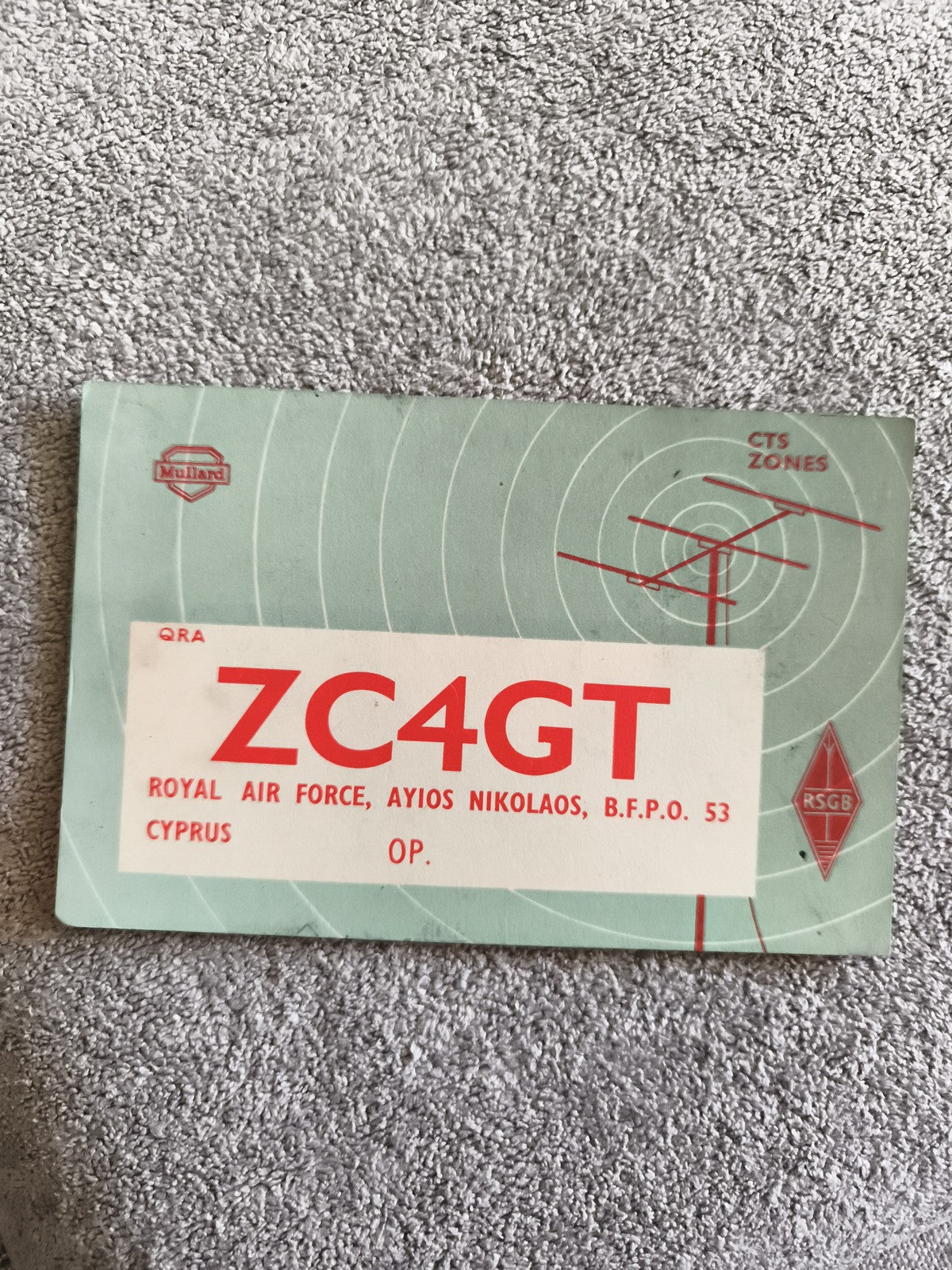 Carte QSL radio ZC4GT Royal Air Force Chypre Mullard RSGB ancienne vintage
