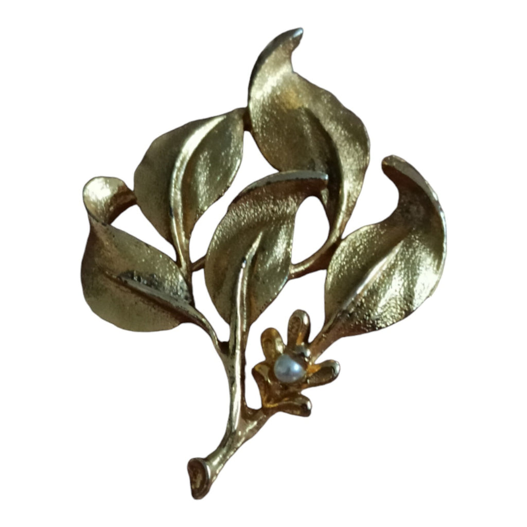 Broche vintage dorée feuille perle signée ? bijou rétro élégant femme
