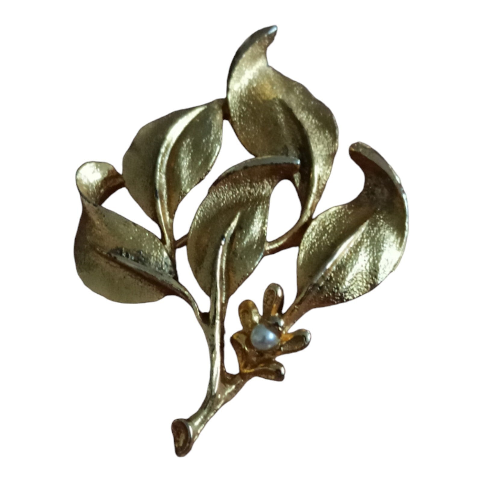 Broche vintage dorée feuille perle signée ? bijou rétro élégant femme