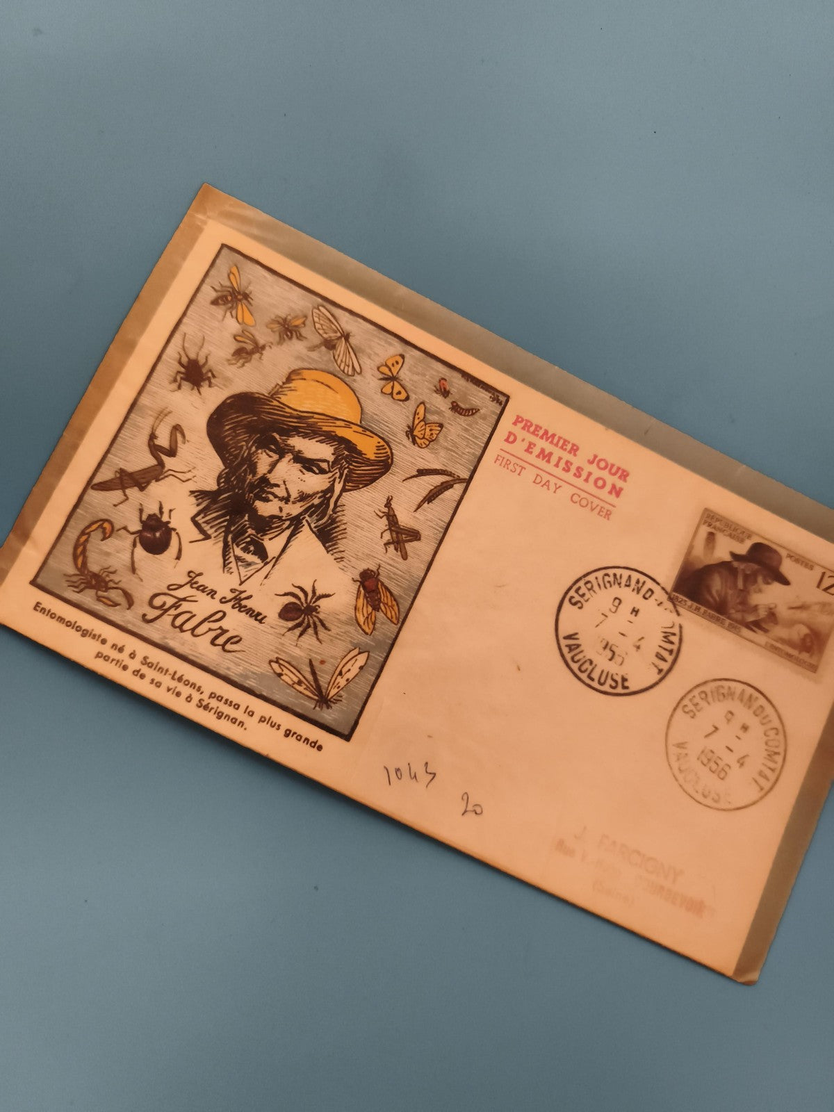 Lettre Premier Jour Jean-Henri Fabre Sérignan 1956, enveloppe philatélie timbre