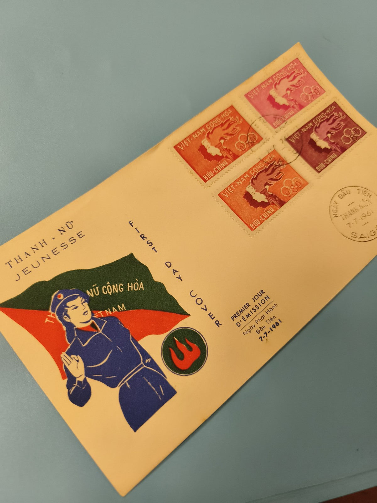 Ancienne enveloppe FDC Vietnam 1961 Jeunesse, 4 timbres illustrés, collection