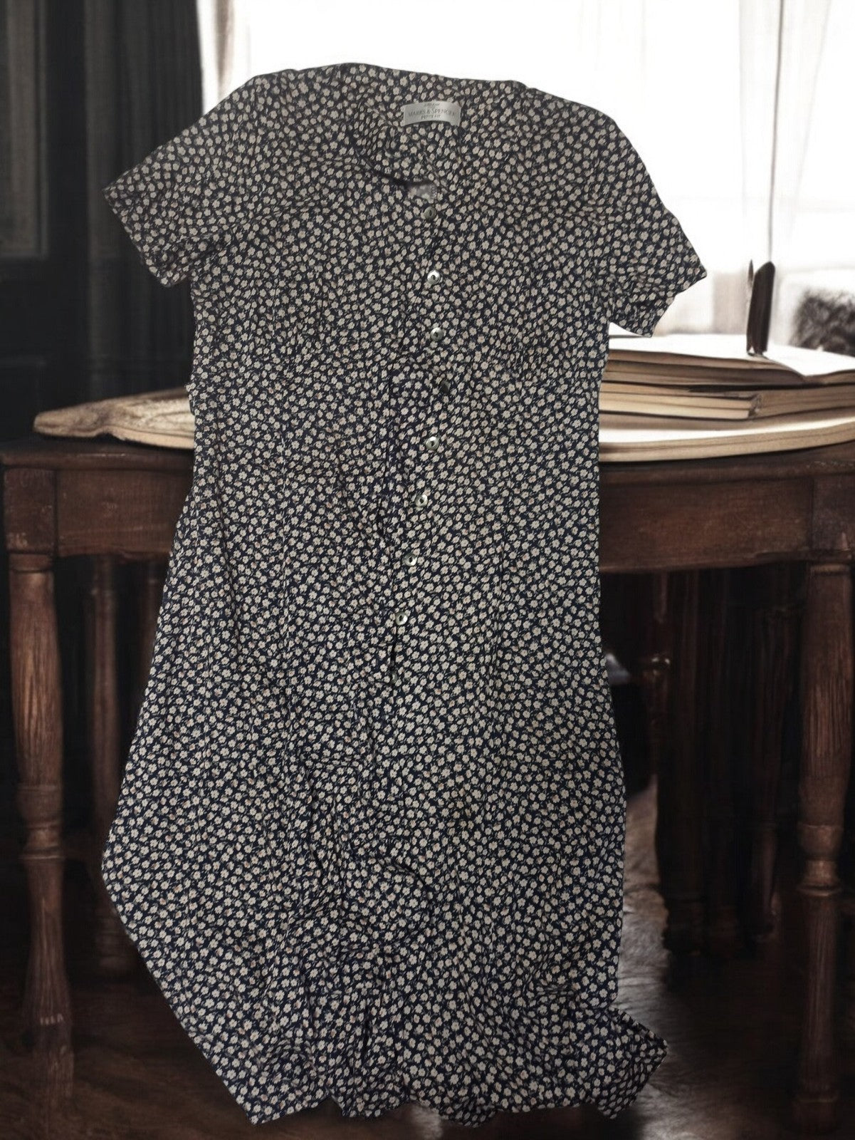 Robe vintage femme Marks & Spencer, imprimé fleuri bleu rétro ancien