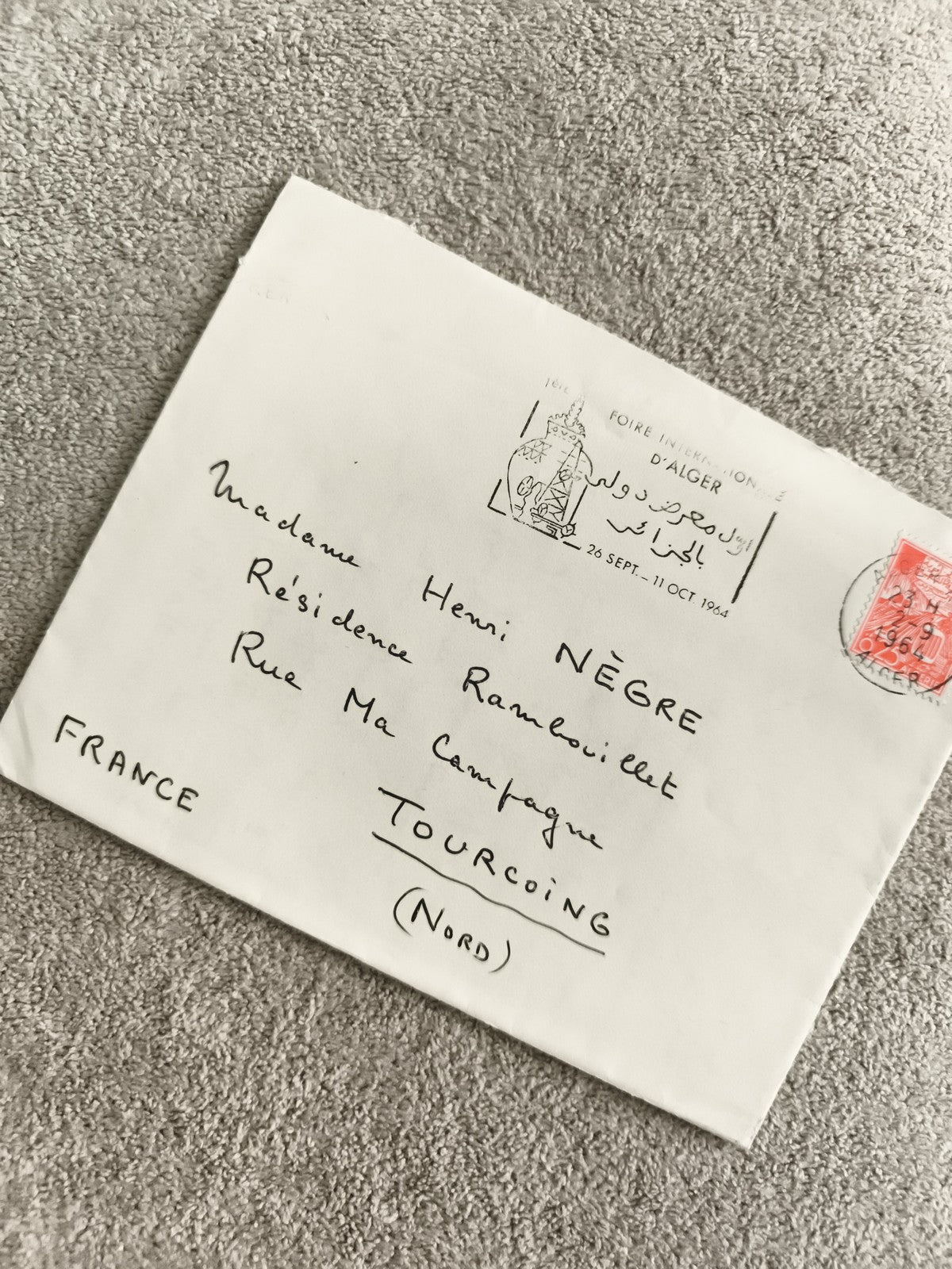 Lettre oblitérée Foire d'Alger 1964, cachet philatélique, France, timbre rouge