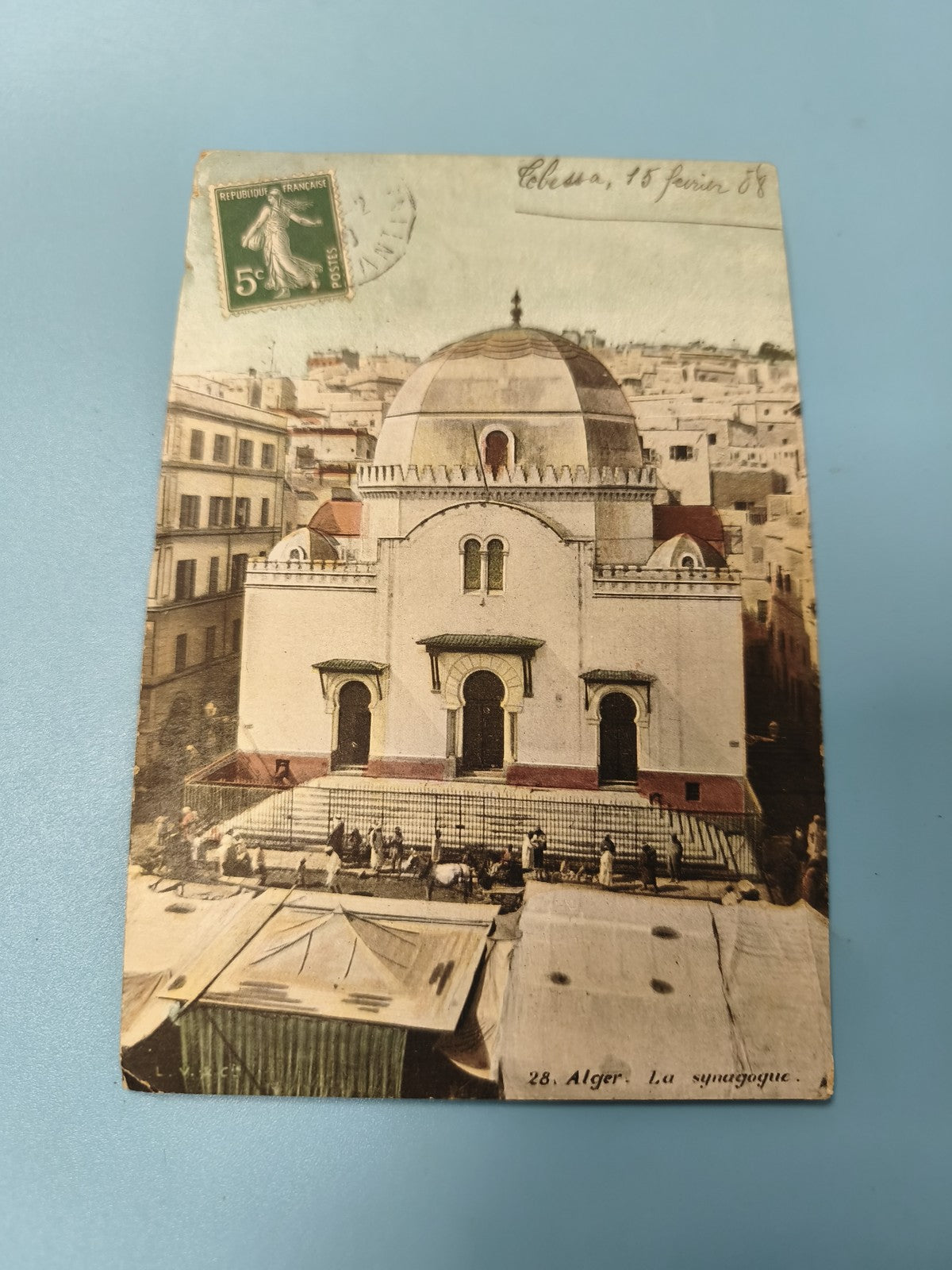Ancienne carte postale animée Alger synagogue timbre 5c architecture rare
