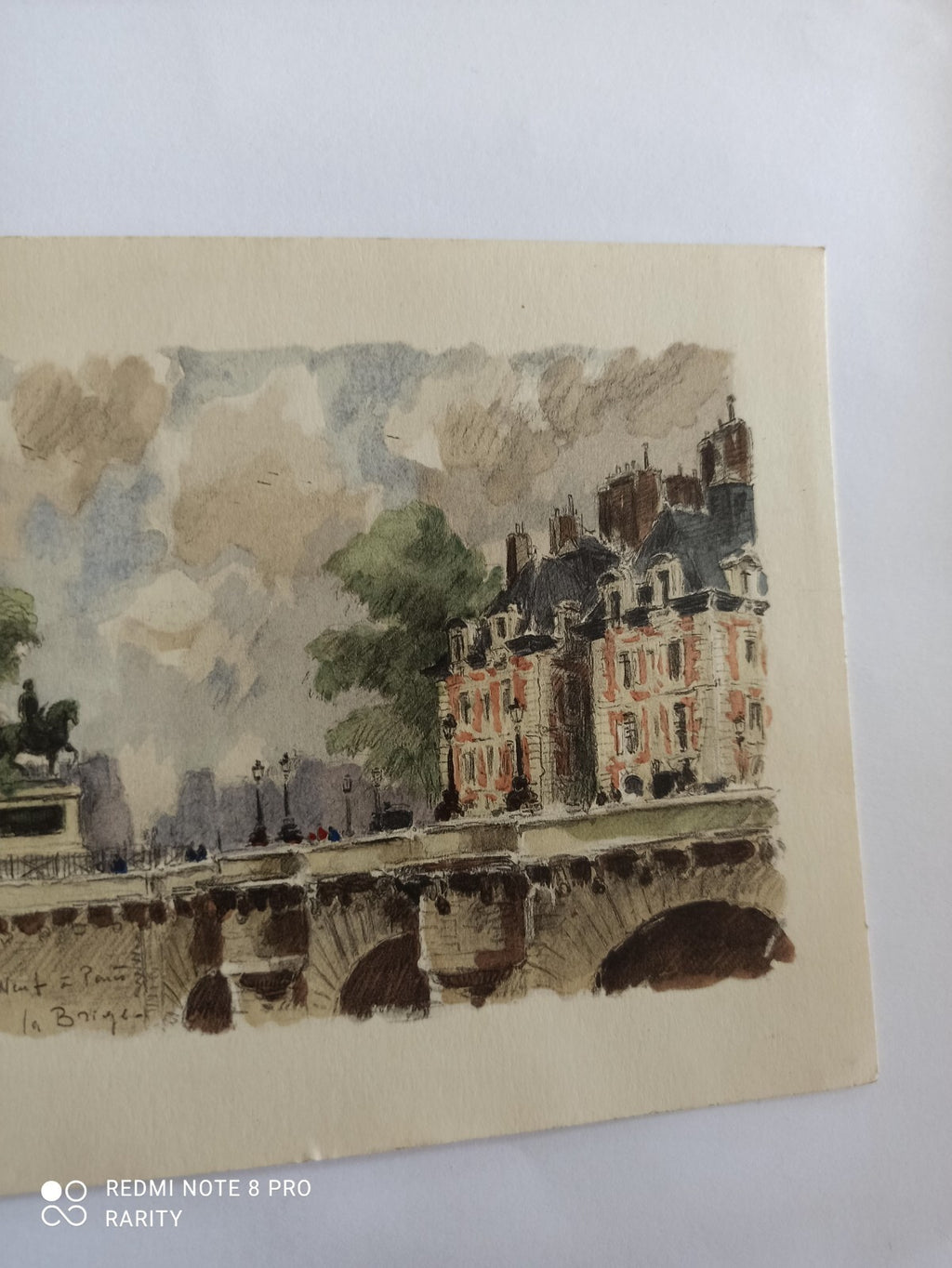 Dessin ancien Pont Neuf Paris aquarelle, vue monument, signé La Baïque vintage