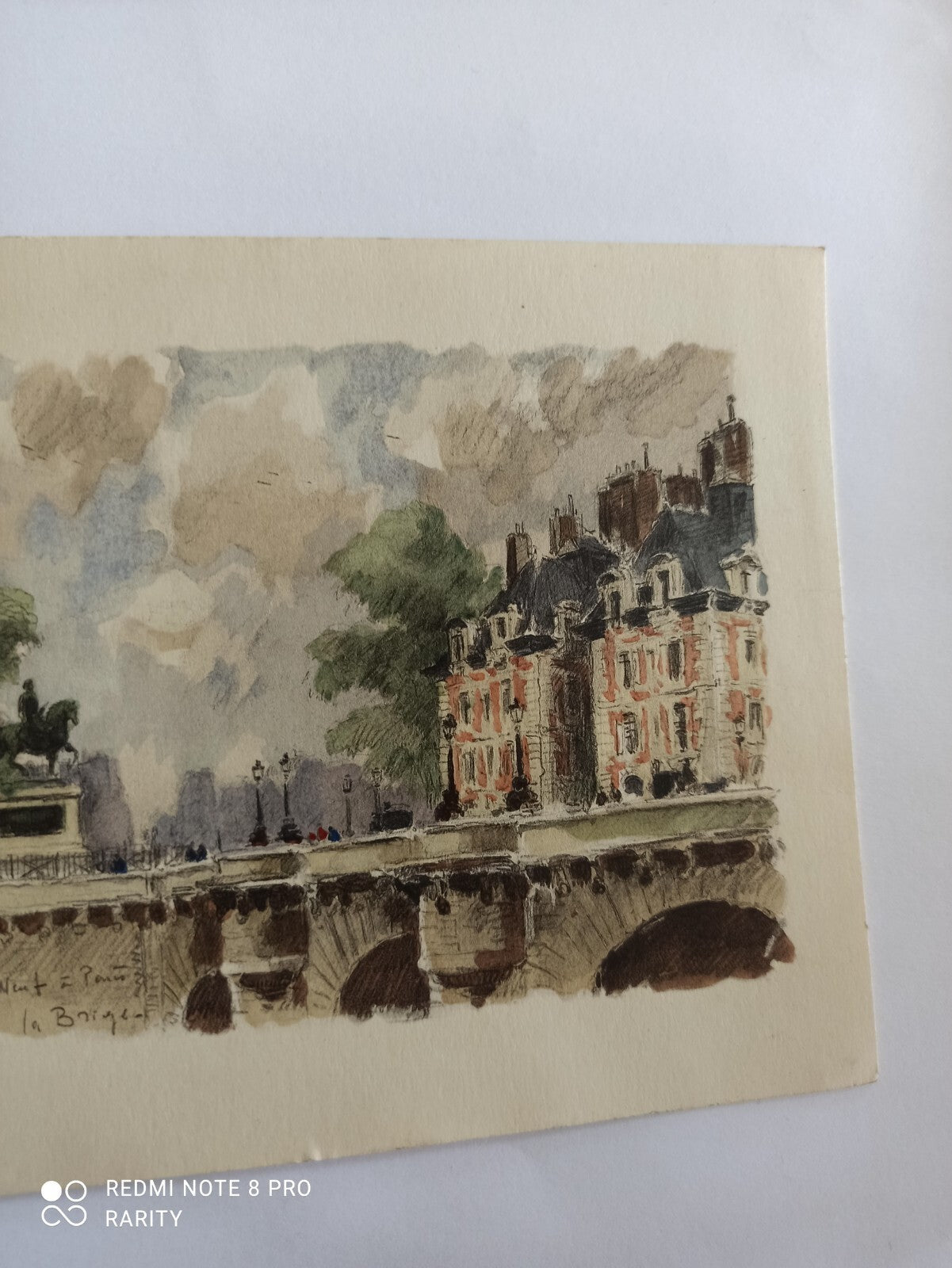 Dessin ancien Pont Neuf Paris aquarelle, vue monument, signé La Baïque vintage