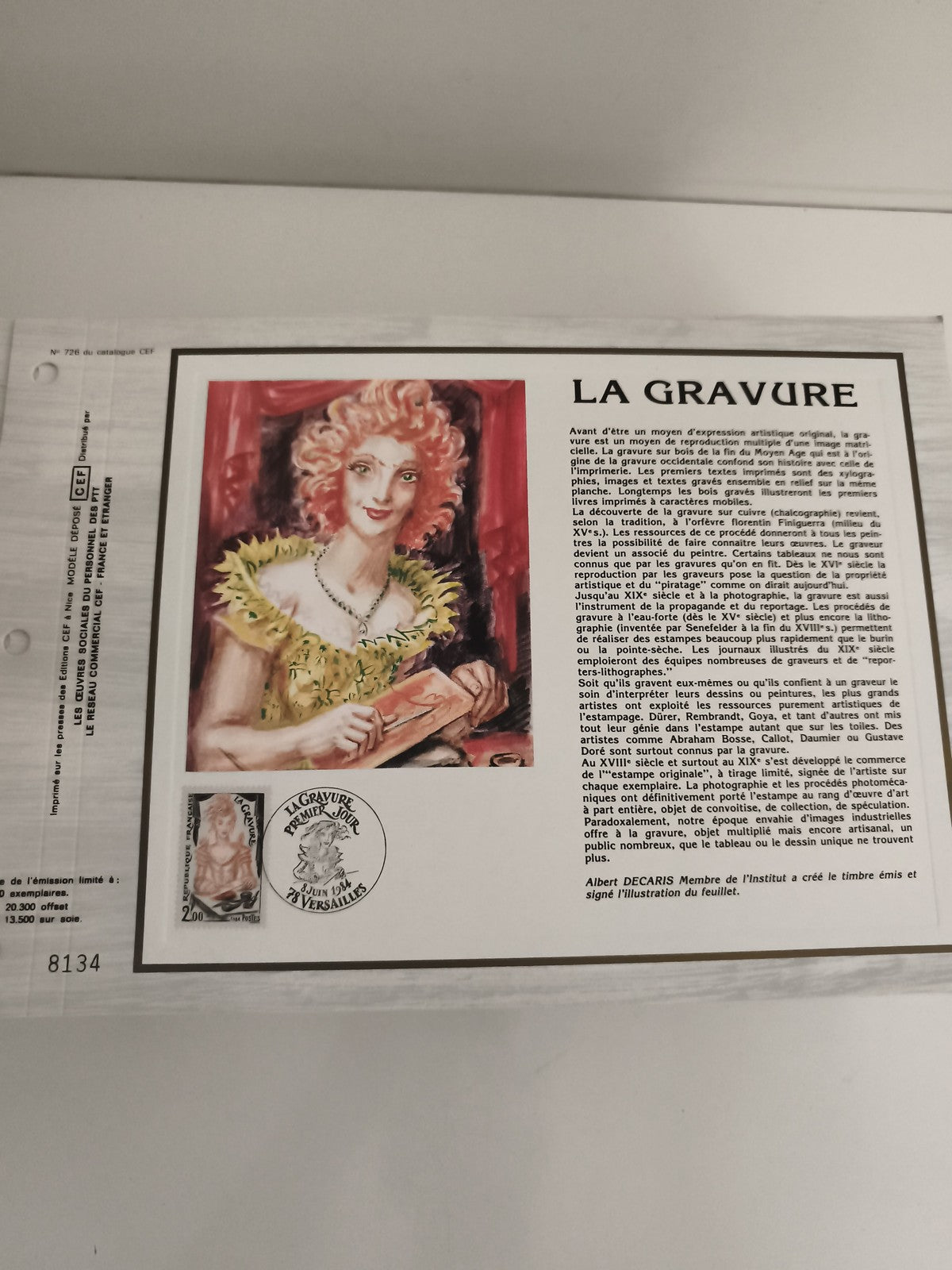 Feuillet CEF La Gravure 1984 illustration femme timbre oblitéré philatélie
