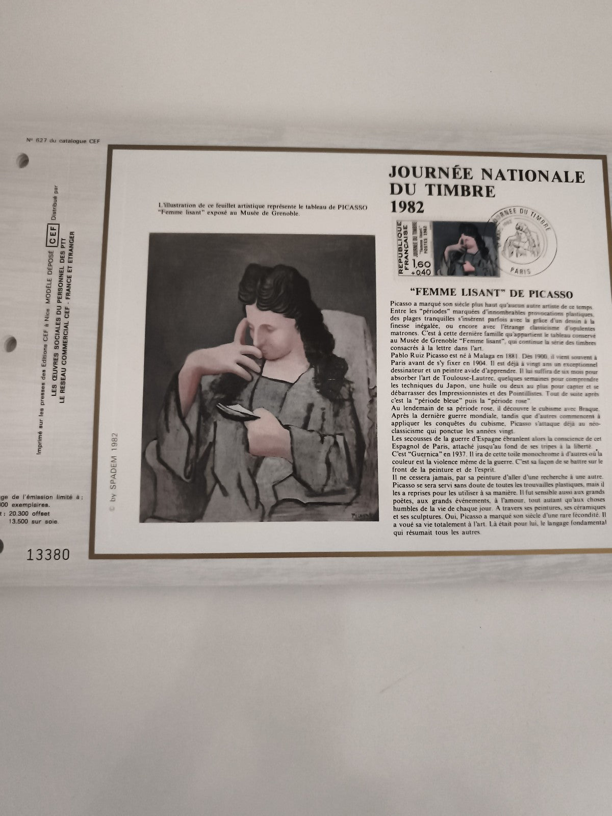 Feuillet philatélique CEF Picasso Femme lisant 1982 Journée du Timbre France