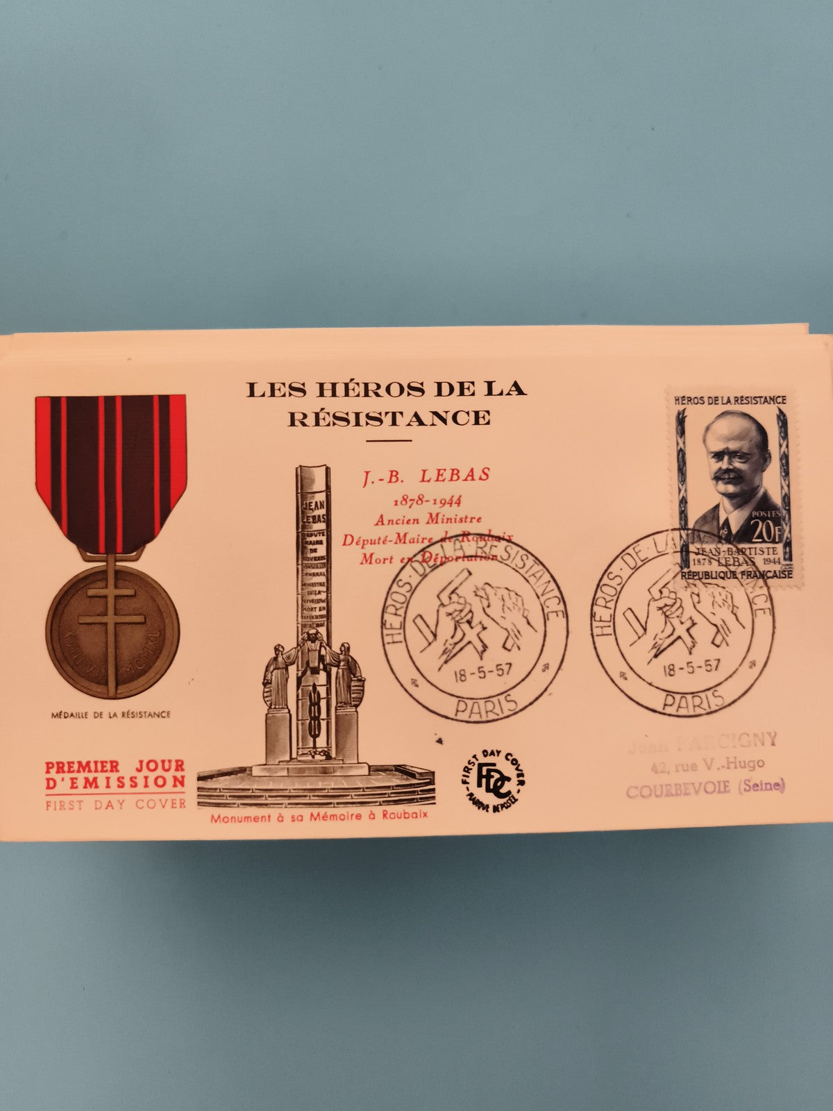 Lettre FDC Héros de la Résistance J.-B. Lebas 1957 timbre 20f oblitéré Paris