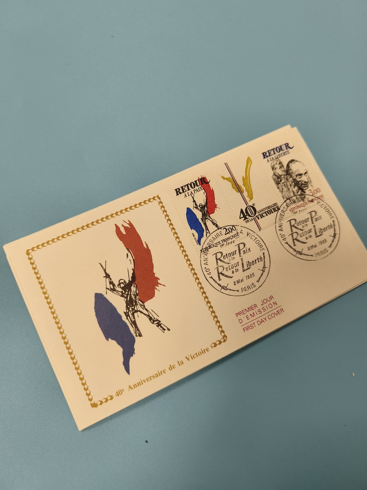 Enveloppe FDC Premier Jour 40e Victoire Retour à la Paix Liberté tricolore