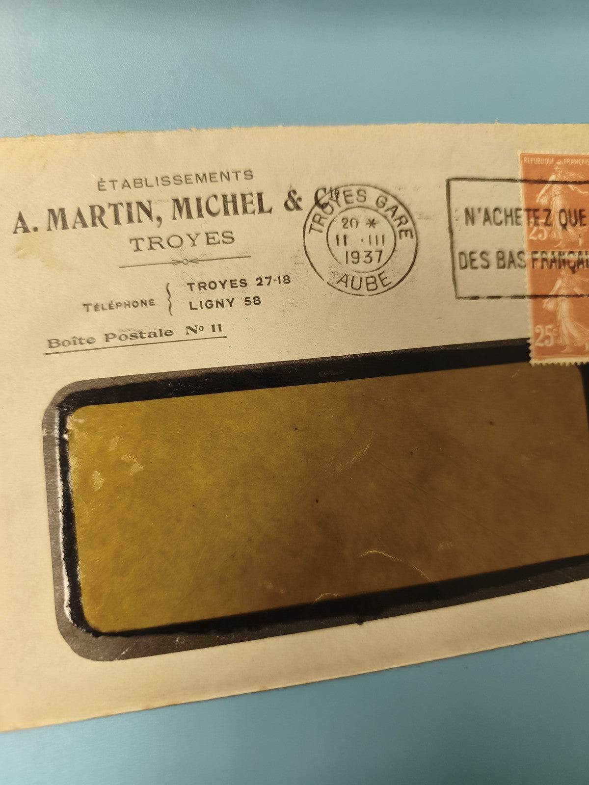 Ancienne enveloppe oblitérée 1937 Troyes philatélie fenêtre jaune vintage (Ref 6